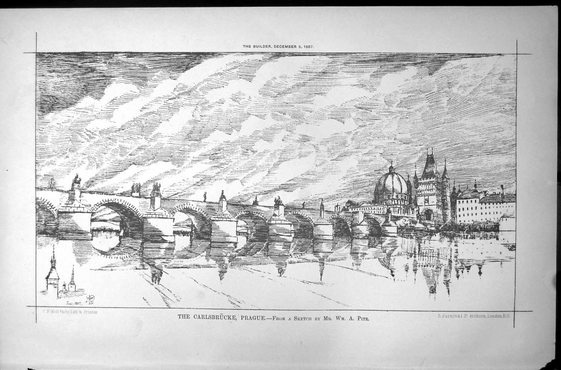 Antique Print Carlsbrucke Parague Sketch Wm A Pite Long Arched Bridge 1887