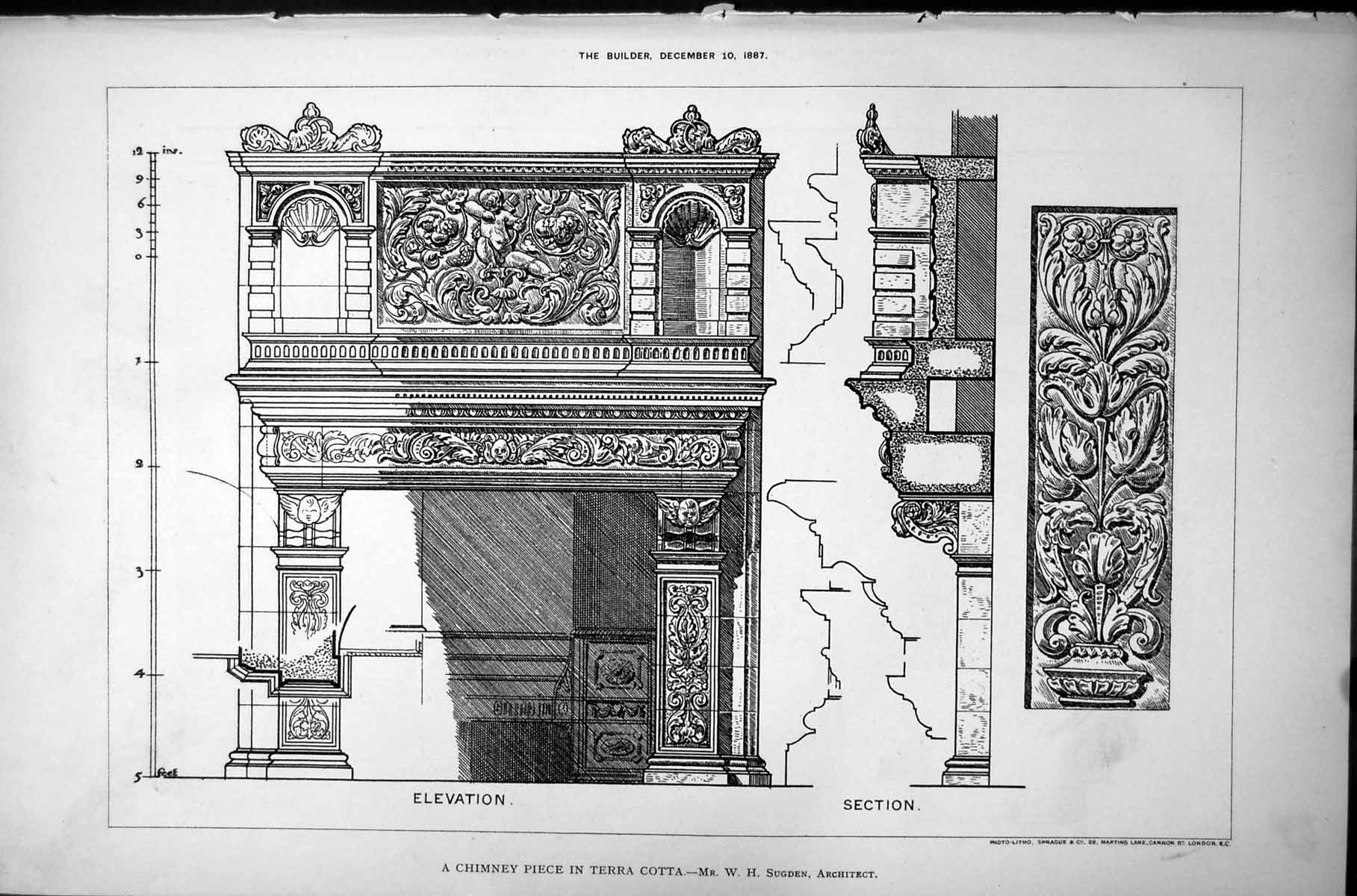Old Chimney Piece Terra Cotta Elevation Section W Sugden Architect 1887 19th