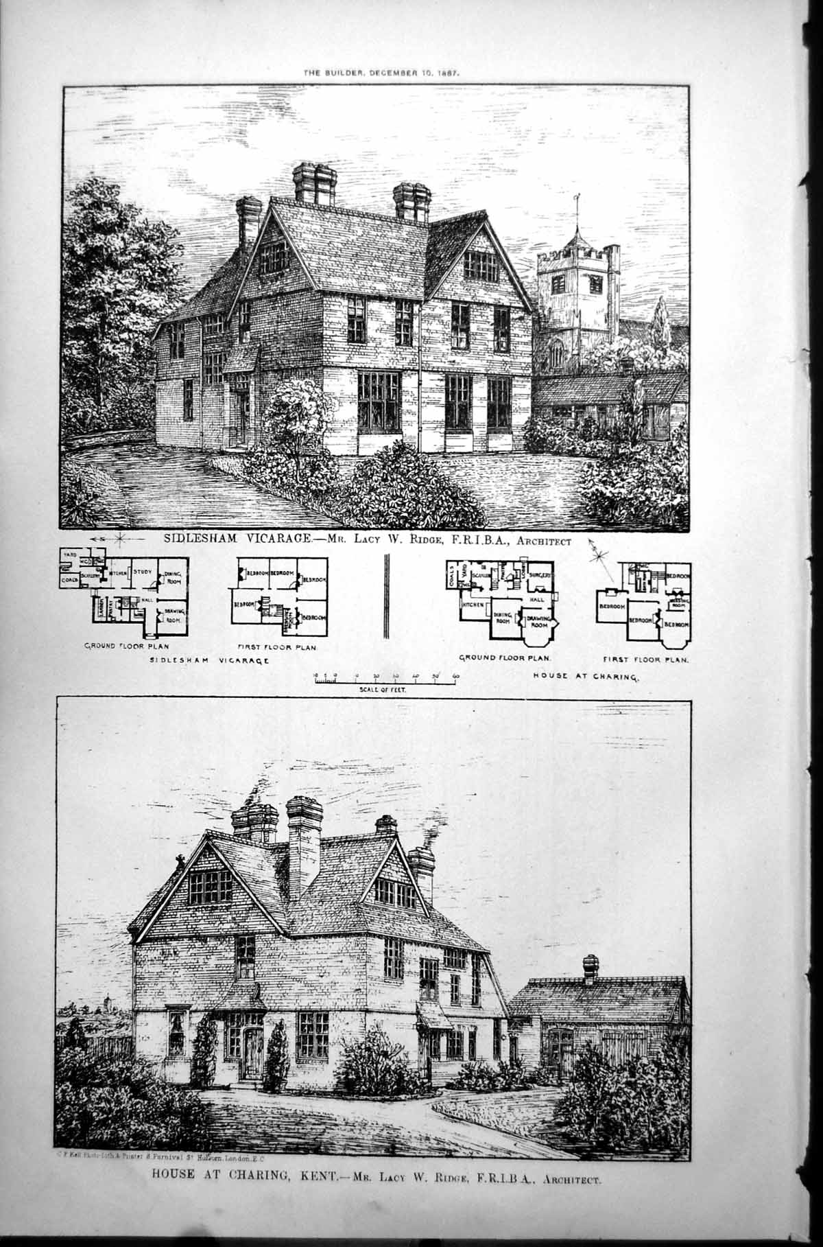 Print Sidlesham Vicarage House Charing Kent Plans Lacy Ridge Architect 1887