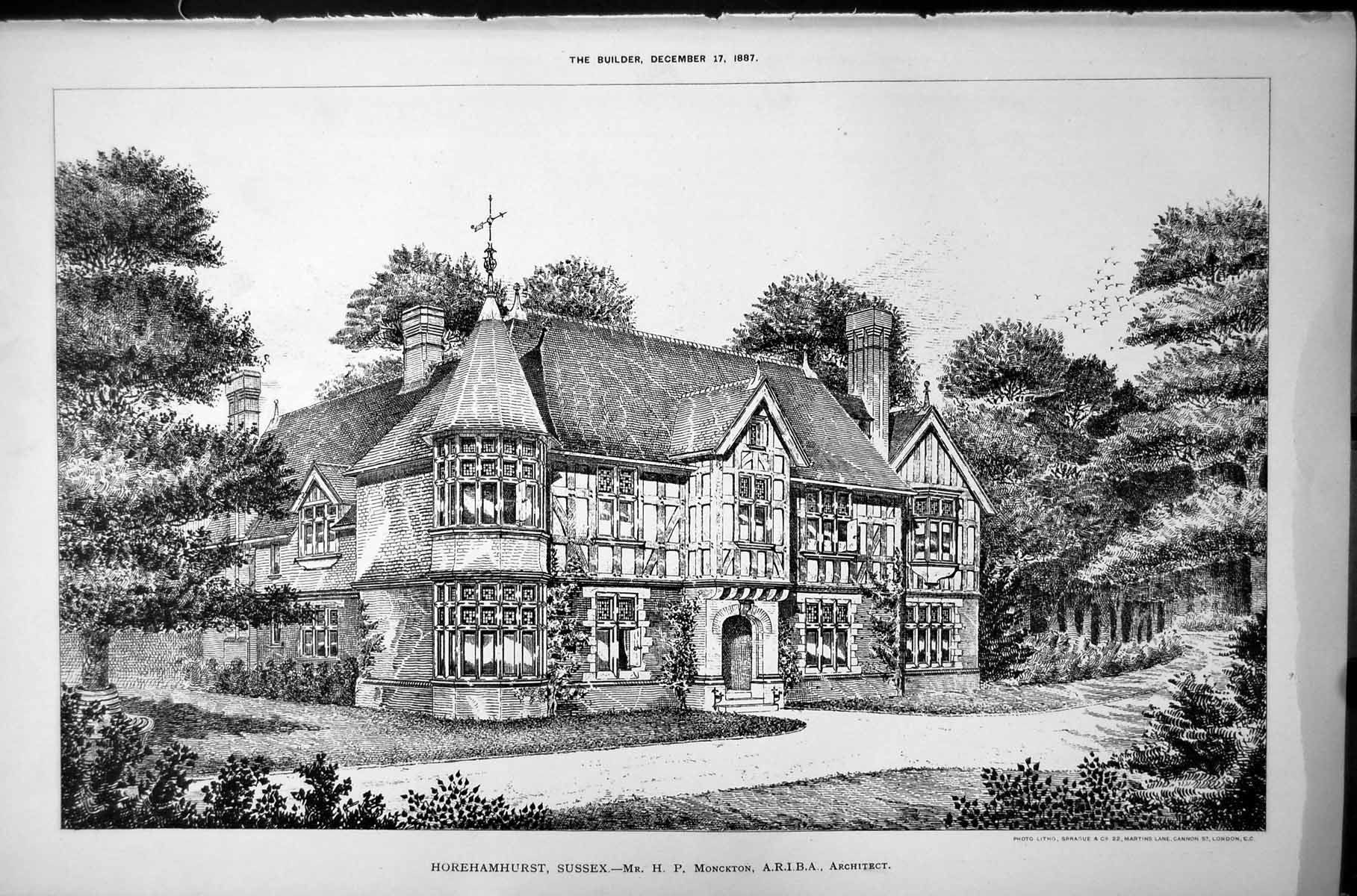 Antique Print Large House Horehamhurst Sussex H P Monckton Architect 1887 19th