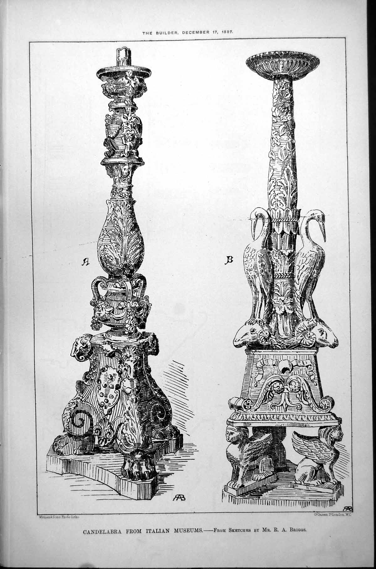 Antique Old Print Candelabra From Italian Museums Sketches R A Briggs 1887
