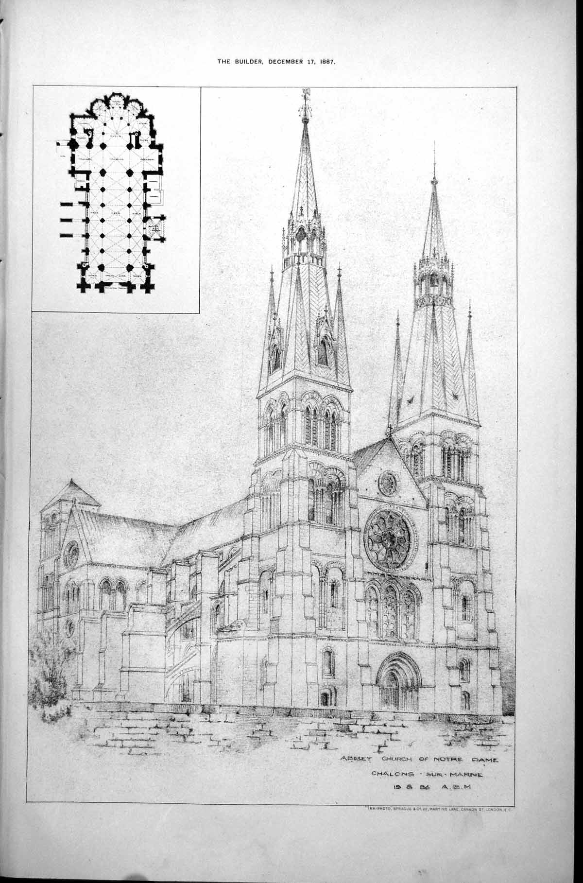 Antique Print Abbey Church Notre Dame Chalons-Sur-Marne Plan Exterior 1887