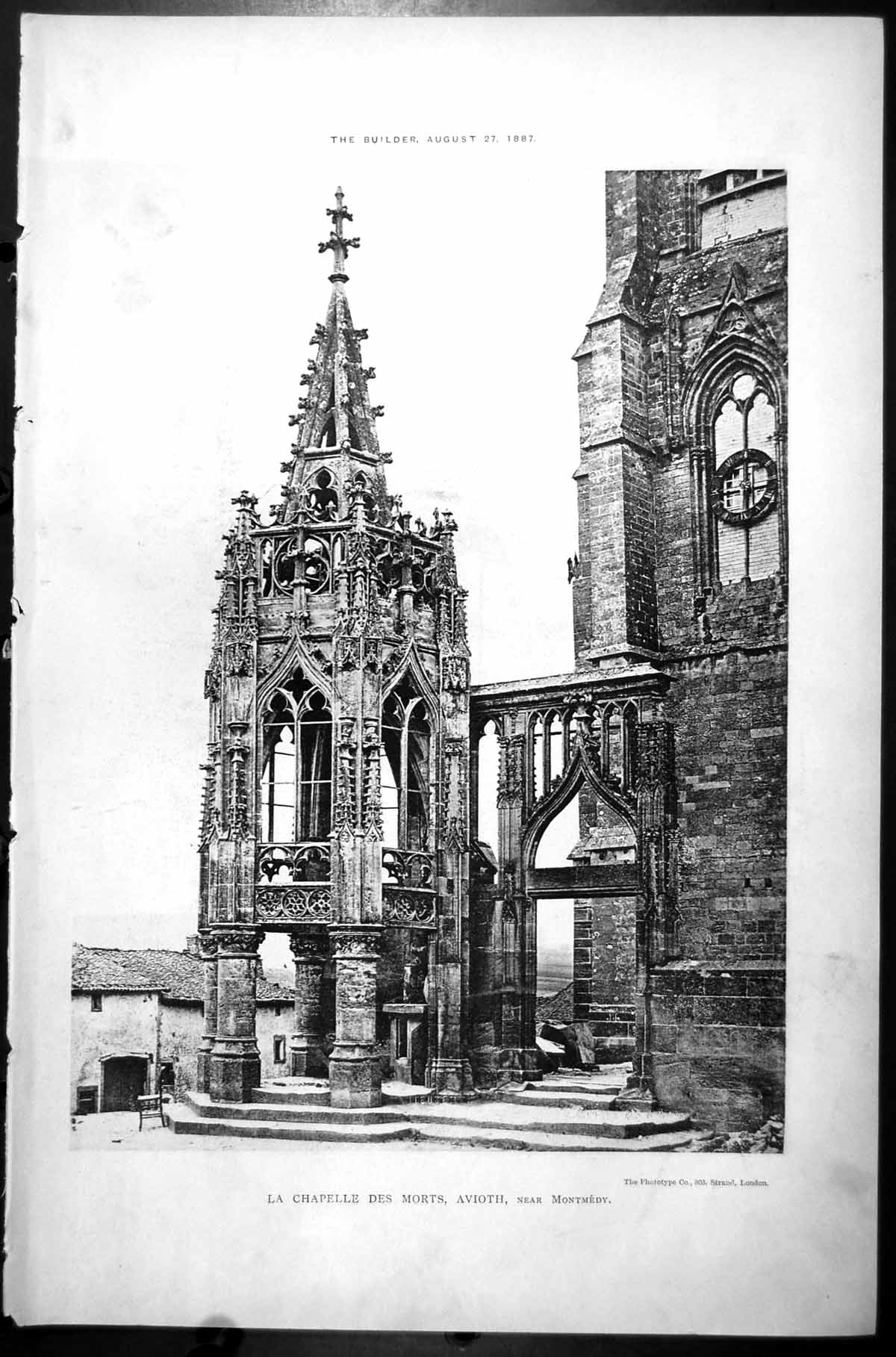 Original Old Antique Print La Chapelle Des Morts Avioth Near Montmedy 1887