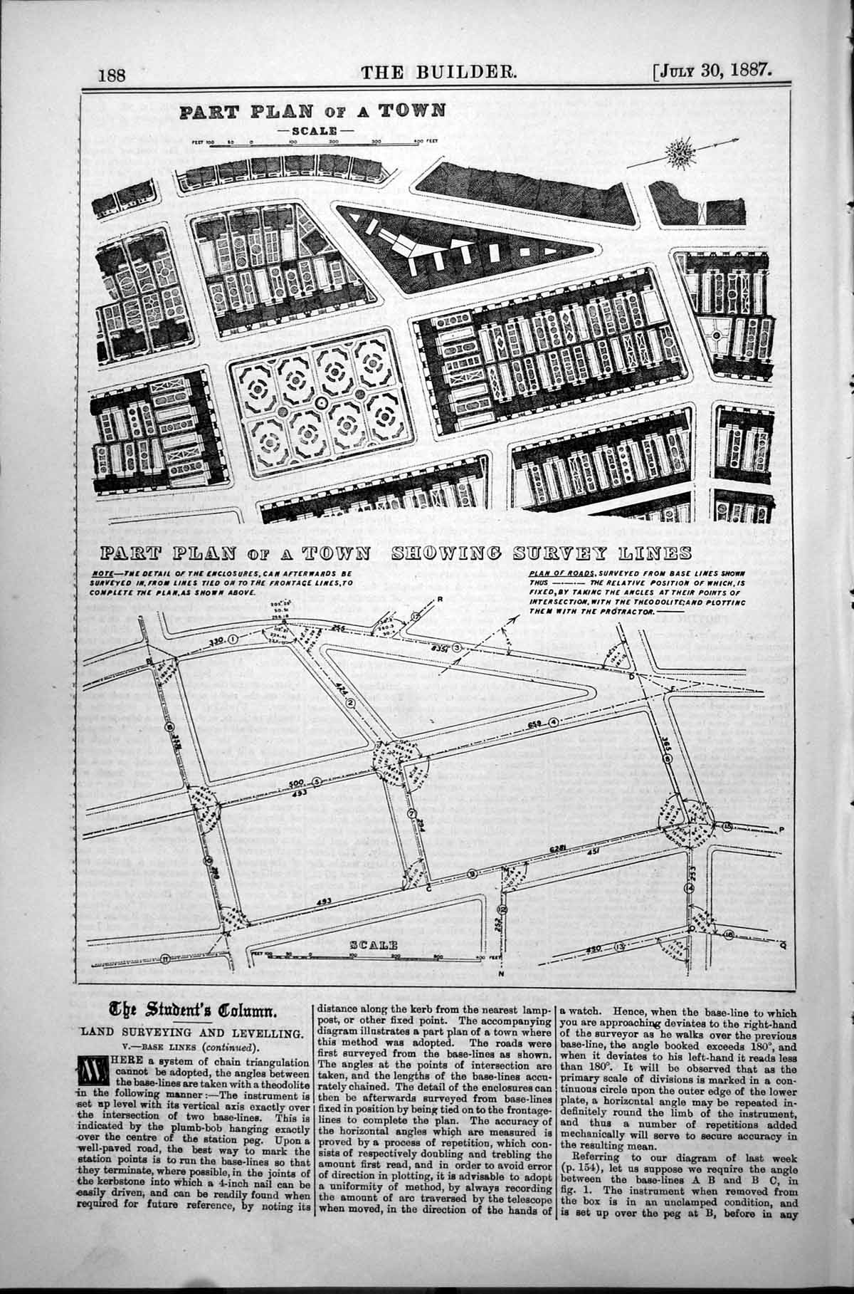 Old Print Part Plan Town Showing Survey Lines Plan Roads Theodolite 1887 19th