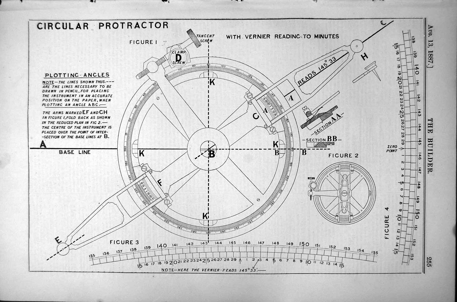 Old Plotting Angles Circular Protractor Vernier Reading Minutes 1887 Victorian