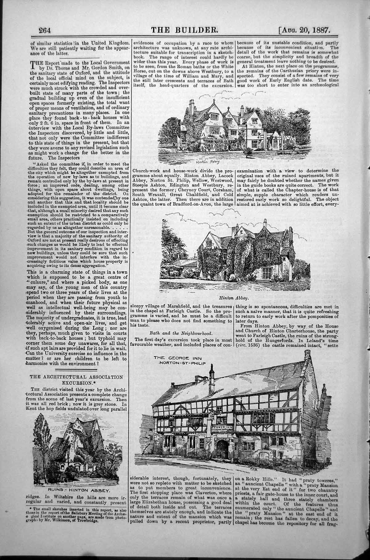 Original Old Antique Print Hinton Abbey Ruins George Inn Norton-St-Philip 1887