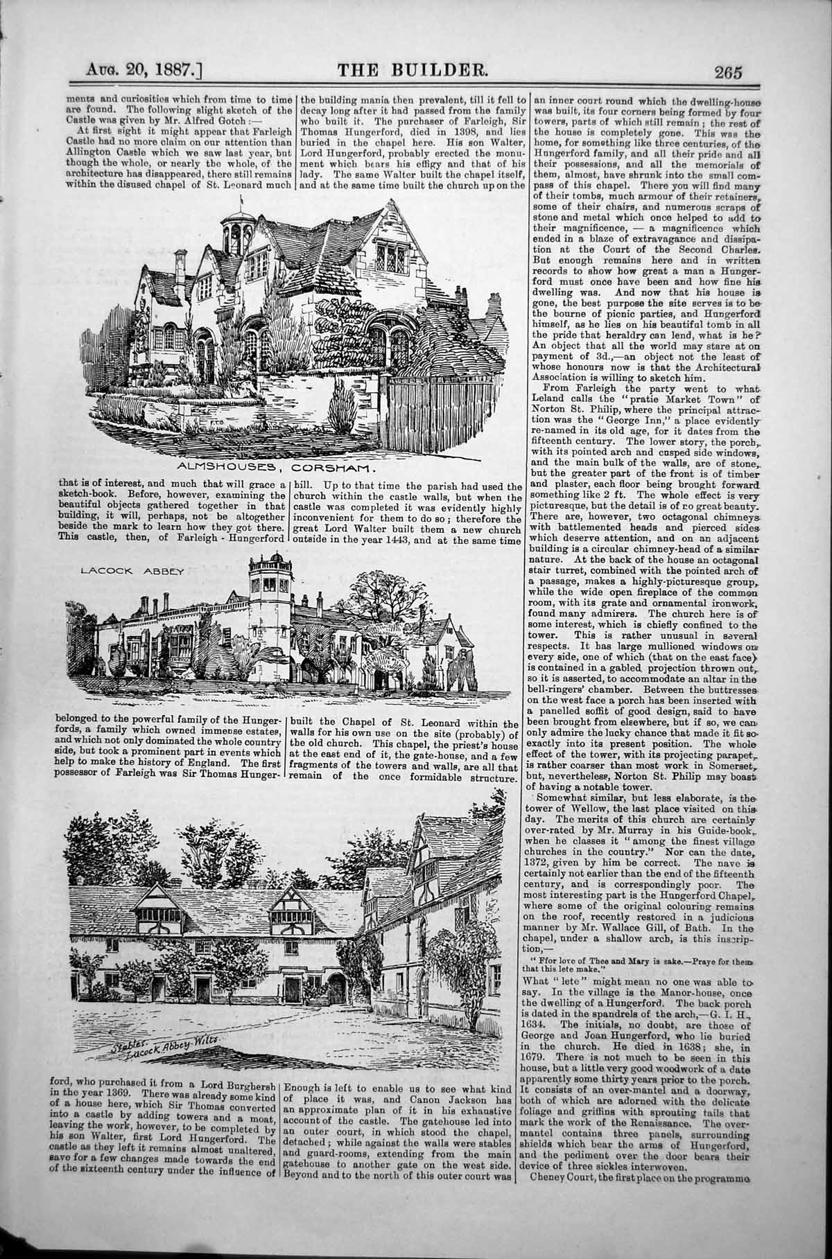 Old Print Almshouses Corsham Lacock Abbey Stables Lacock Town Wilts 1887 19th