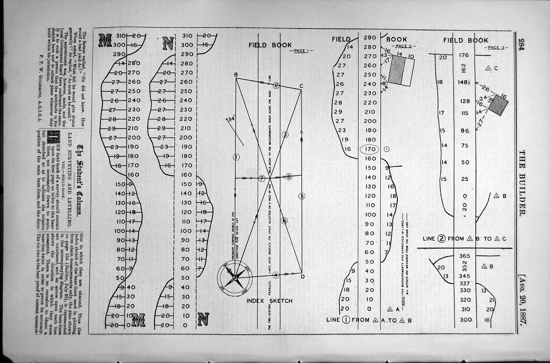 Antique Old Print Students Column Land Surveying Levelling Field Book 1887 19th