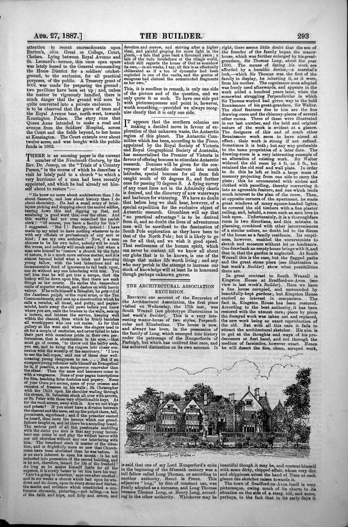 Original Old Antique Print Grange Bradford Wiltshire Westbury Church 1887 19th