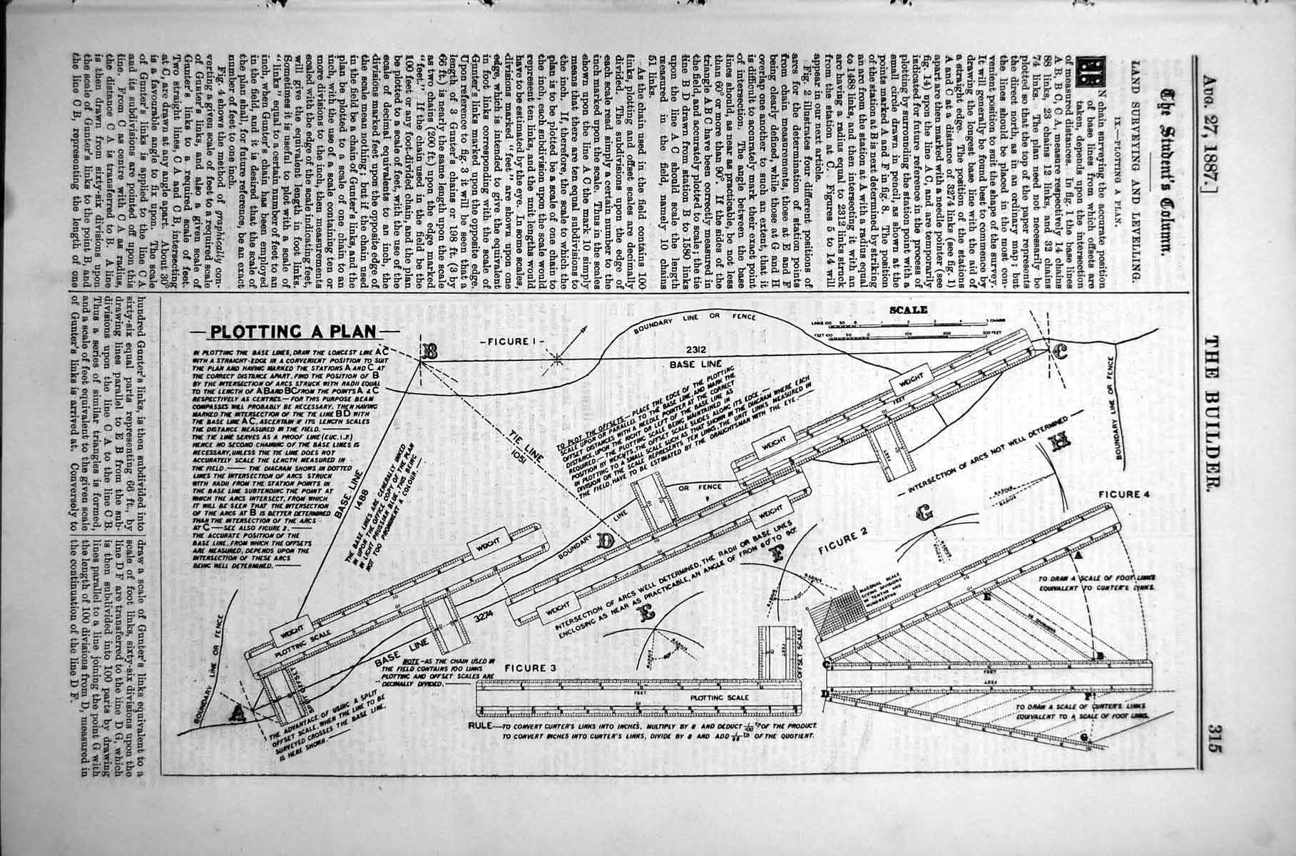 Antique Old Print Land Surveying Levelling Plotting Plan Cunters Links 1887