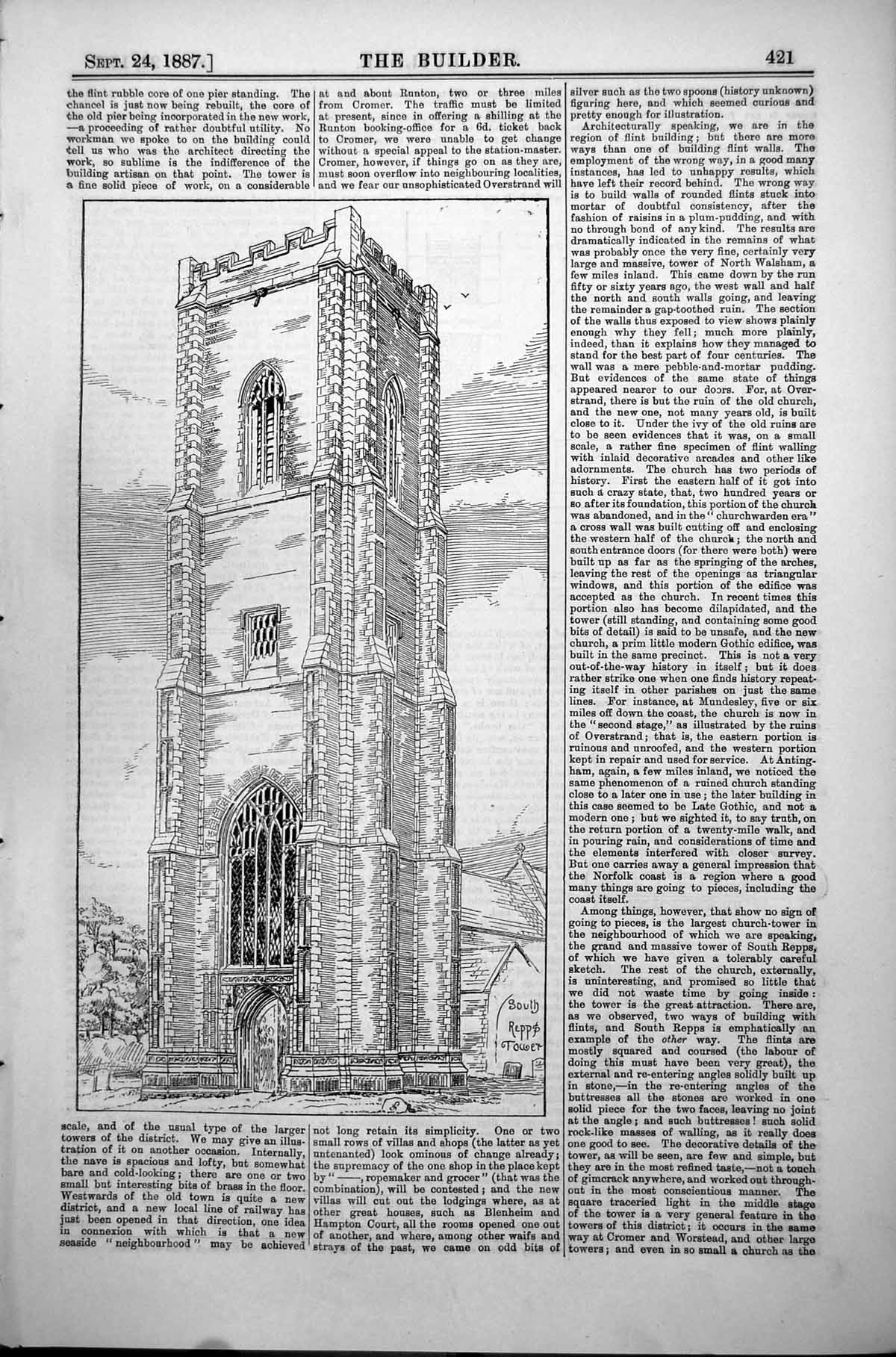 Old Print Tower North Walsham South Repps Tower Side Buttress Chair 1887 19th