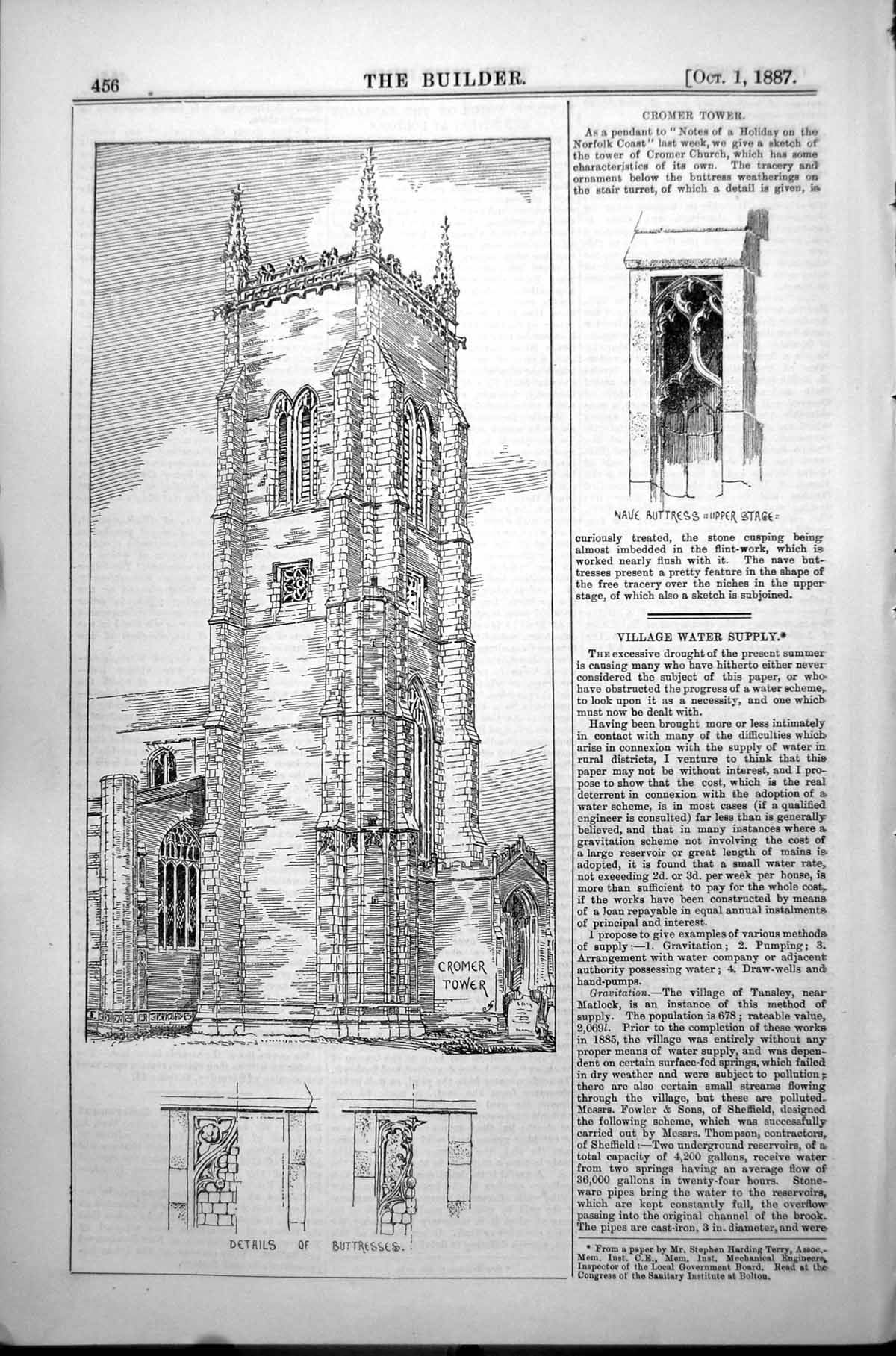 Antique Old Print Tower Cromer Church Norfolk Nave Buttress Upper Stage 1887