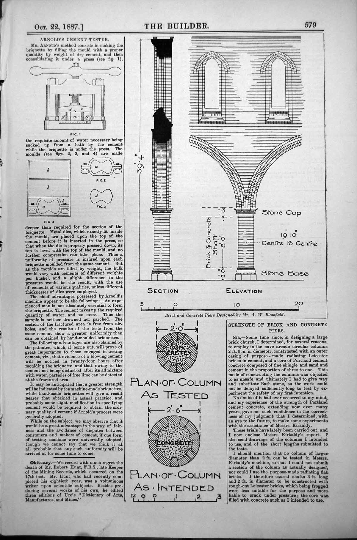 Antique Old Print Arns Cement Tester Brick Concrete Piers A Blomfield 1887 19th