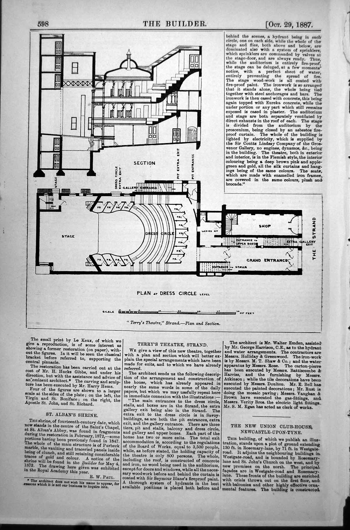 Antique Old Print Plan Terrys Theatre Strand Dress Circle Level Section 1887