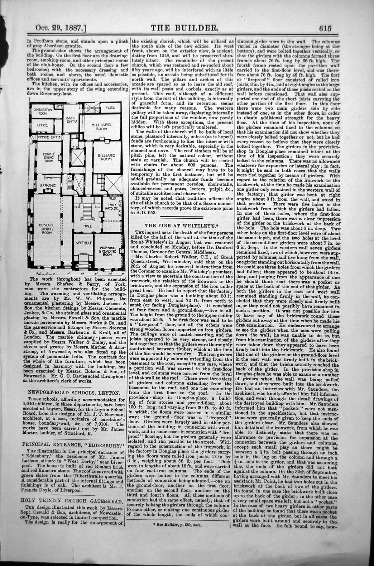 Antique Print Plan House Rosemary Lane Contractors Shaftoe Barry York 1887 19th