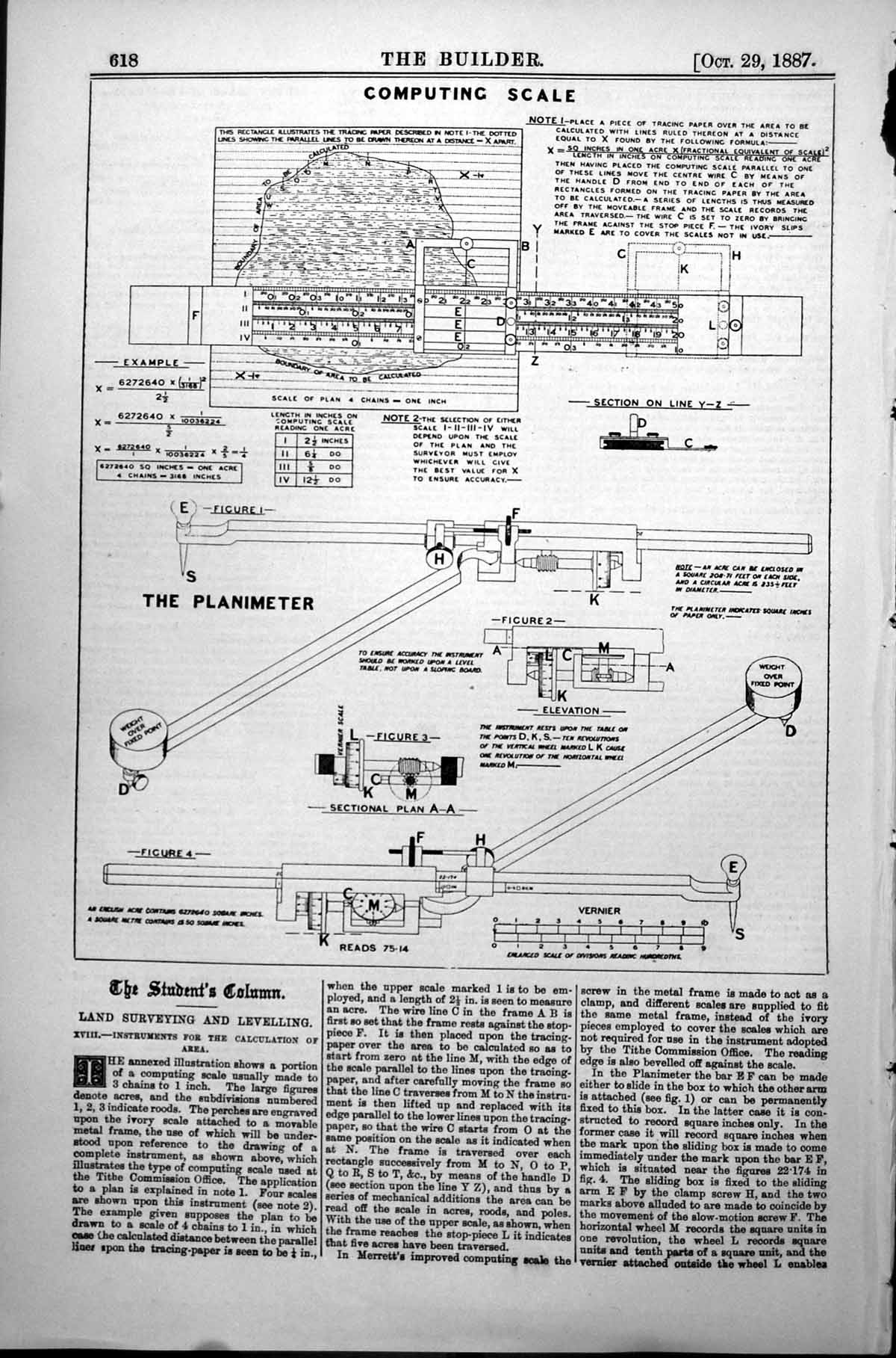 Antique Print Instruments Calculation Area Computing Scale Planimeter 1887 19th
