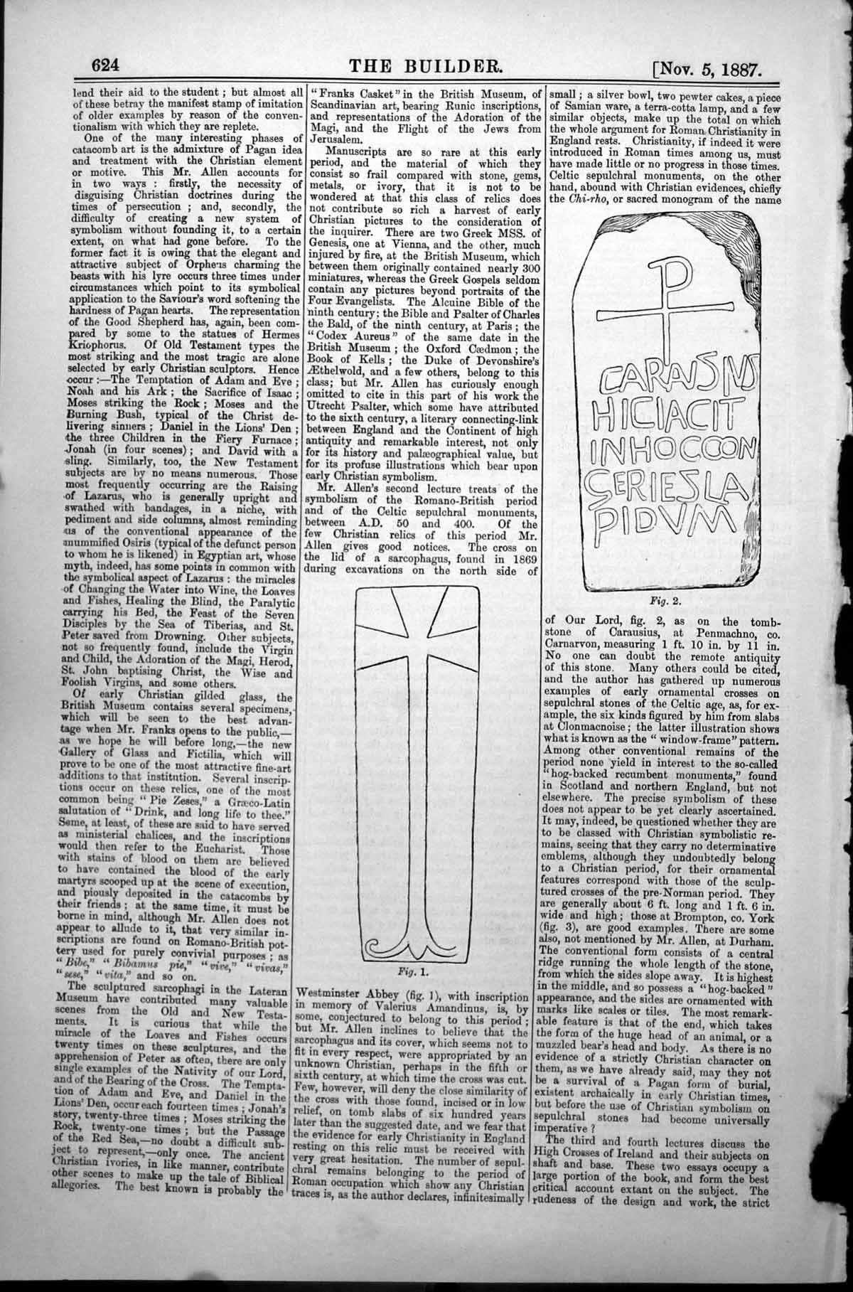 Old Christian Symbolism Cross Lid Sarcophagus Tombstone Carausius 1887 19th