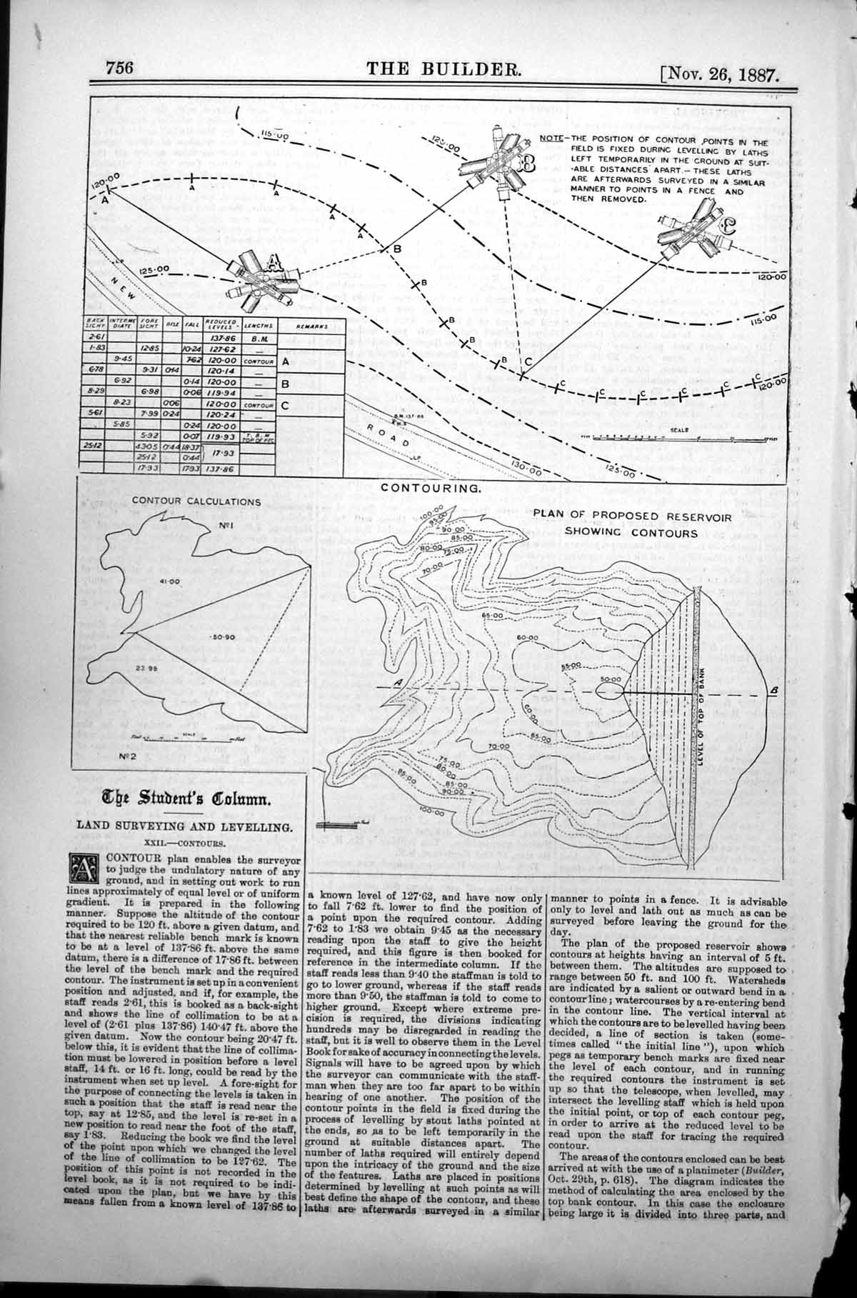 Antique Print Land Surveying Contours Calculations Proposed Reservoir 1887 19th