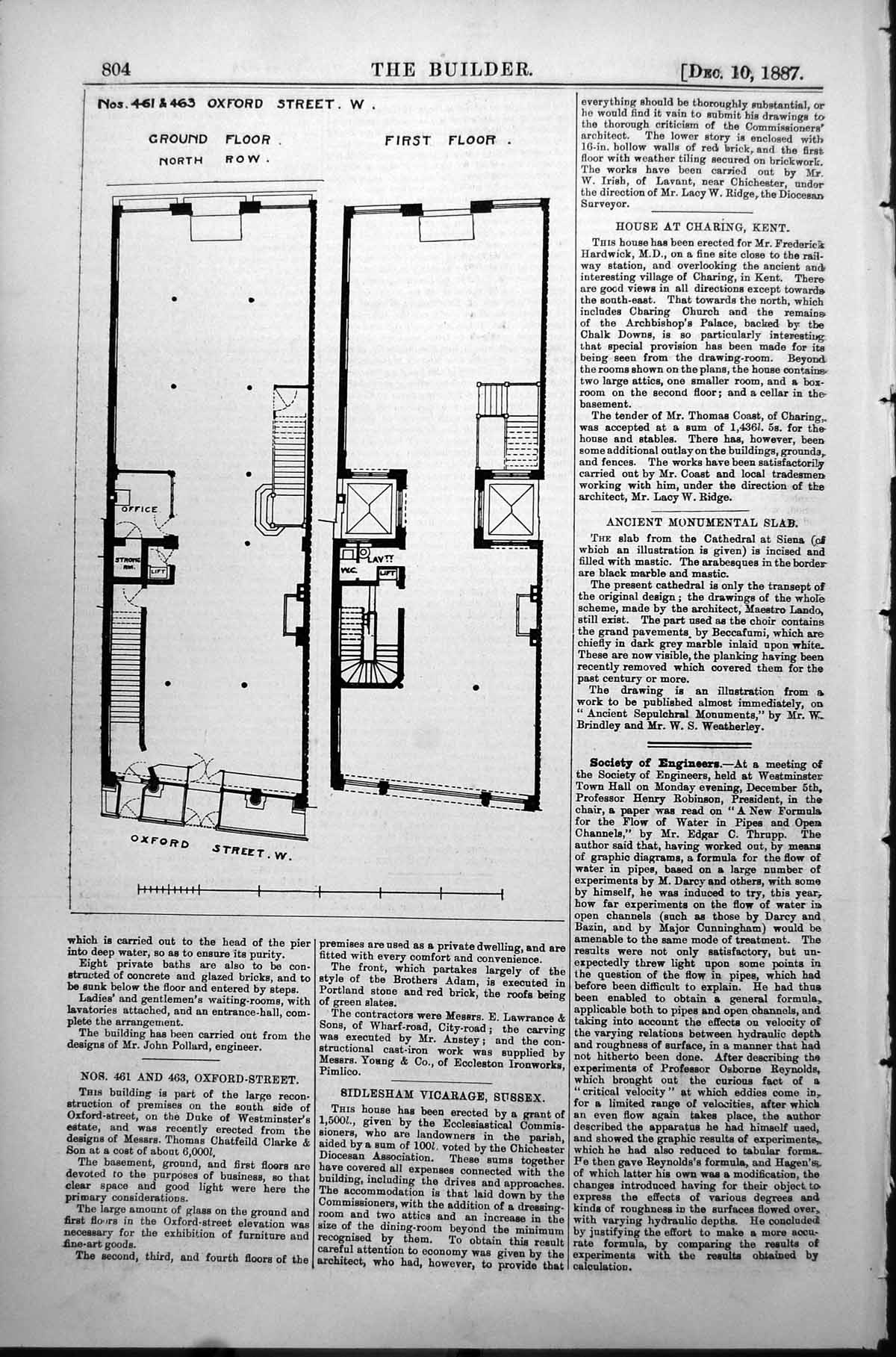 Old Plans 461 & 463 Oxford Street Reconstruction T Chatfield Clarke 1887