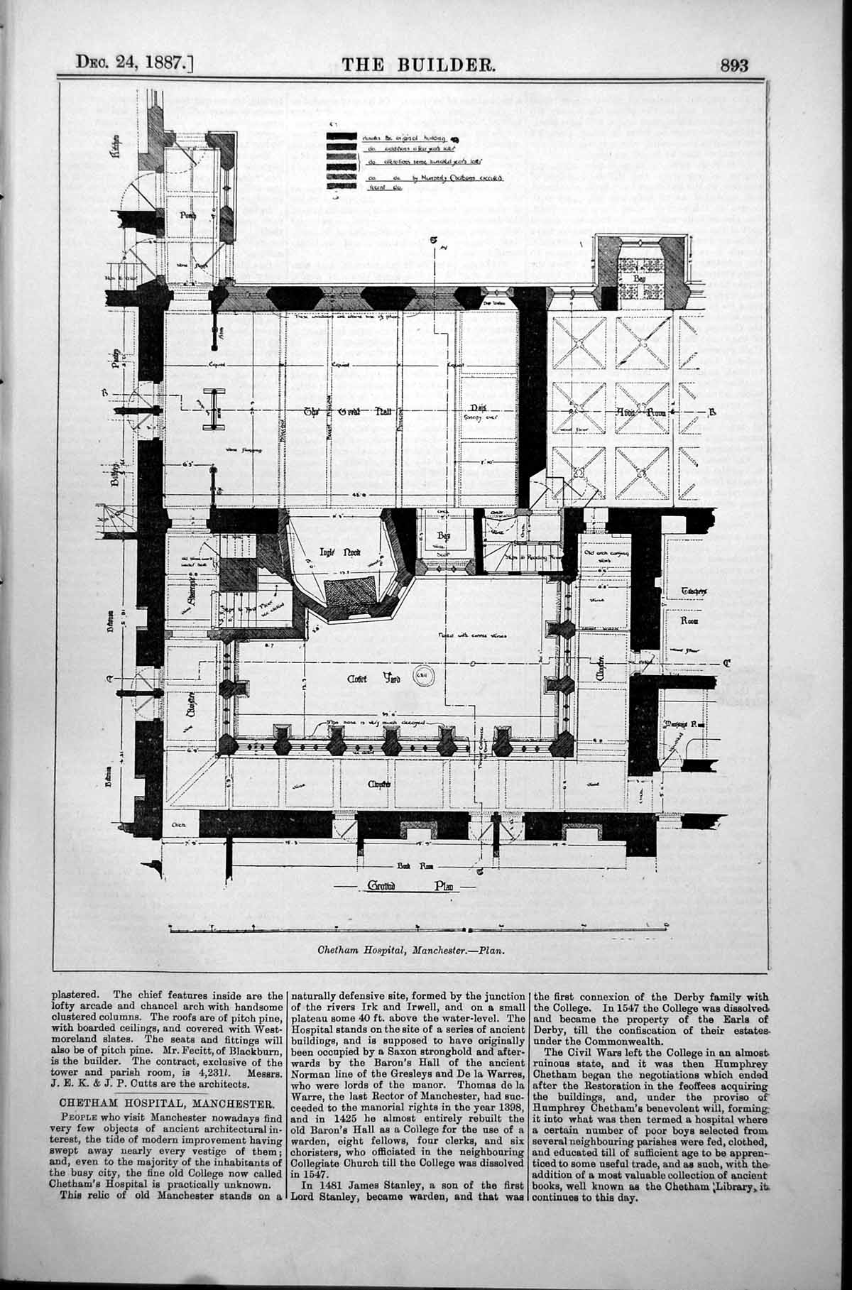 Old Antique Print Plan Chetham Hospital Manchester Ingle Nook Wards 1887 19th