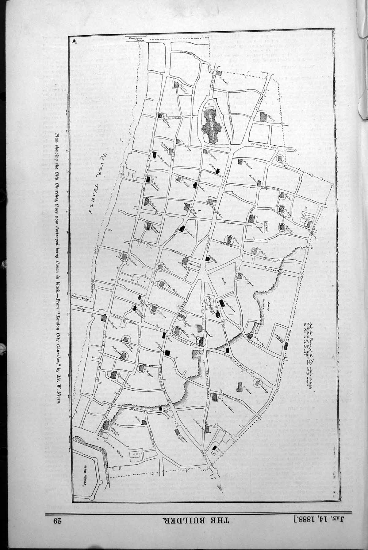 Antique Print Plan Showing City Churches London Some Destroyed W Niven 1888
