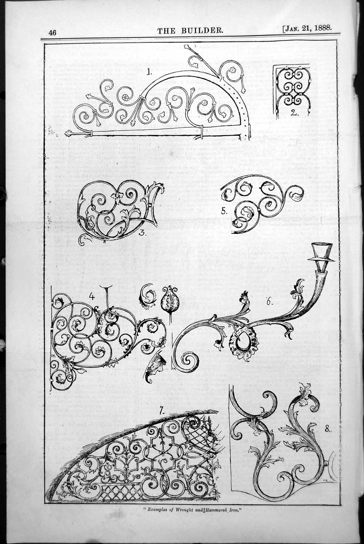 Old Antique Print Wrought Hammered Iron Scroll Twist Leaf Candle Her 1888 19th