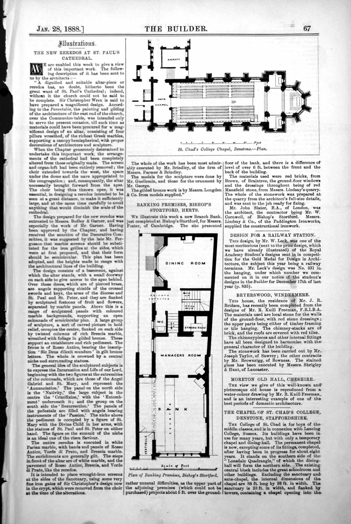 Old Plan St Chads College Chapel Denstone Bank Bishops Stortford 1888 Victorian