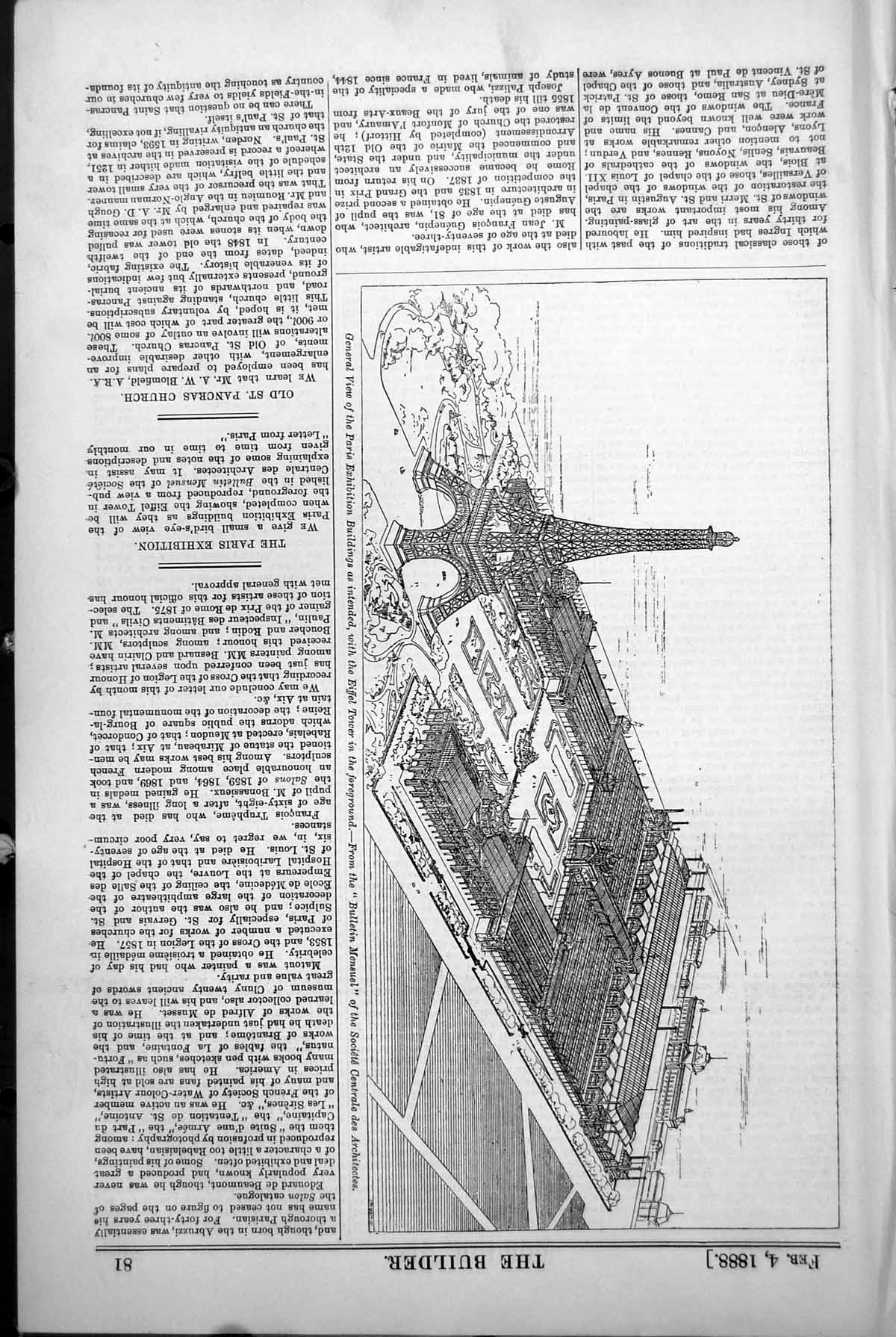 Antique Old Print General View Paris Exhibition Buildings Eiffel Tower 1888