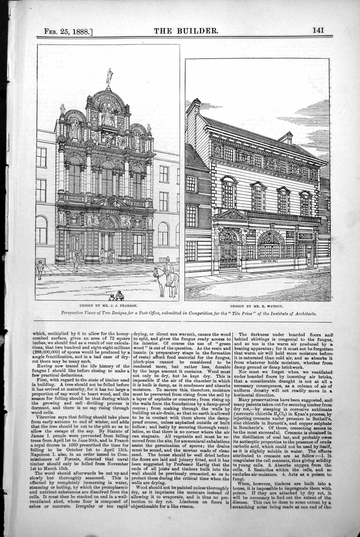 Old Print Perspective Views Designs Post Office Competition Pearson Watson 1888
