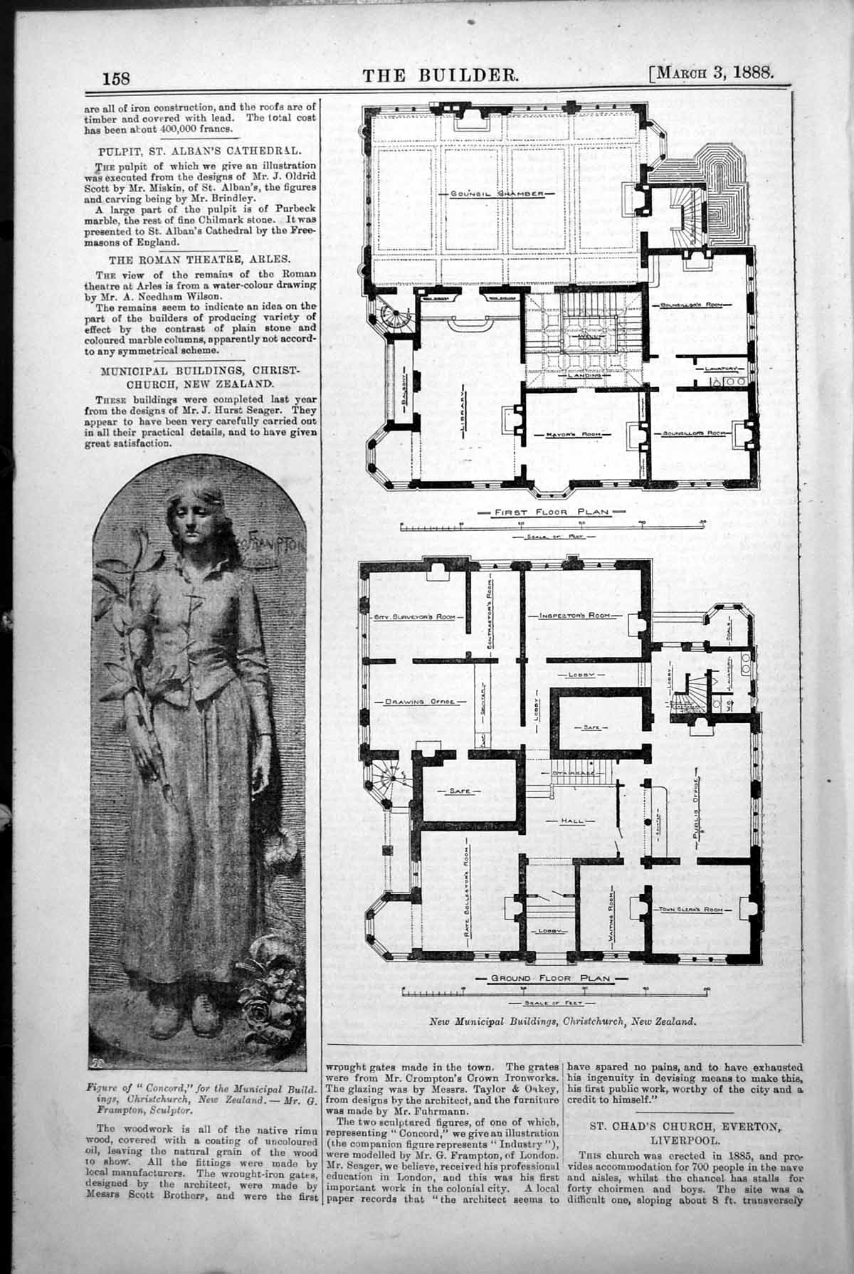 Old Plans Municipal Buildings Christchurch Figure Concord Frampton 1888 19th
