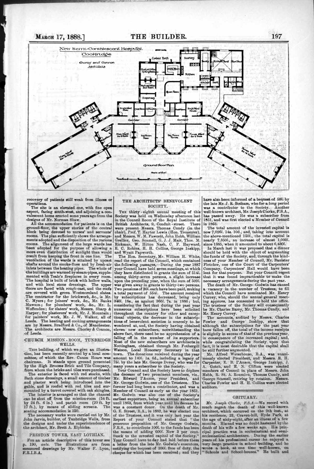 Old Plan Semi Convalescent Hospital Cookridge Chorley Connon Arch 1888 19th