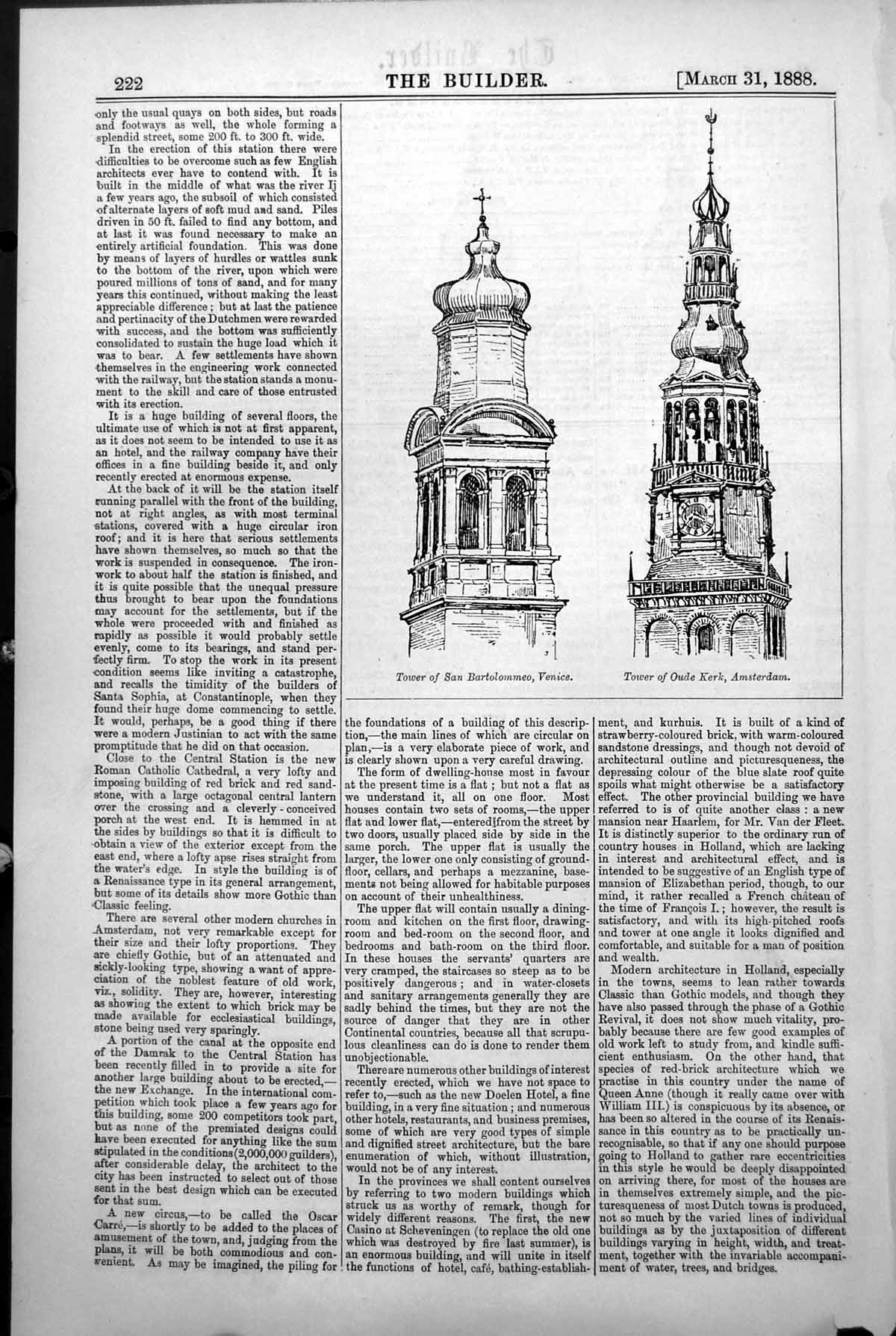 Antique Old Print Tower San Bartolommeo Venice Tower Oude Kerk Amsterdam 1888