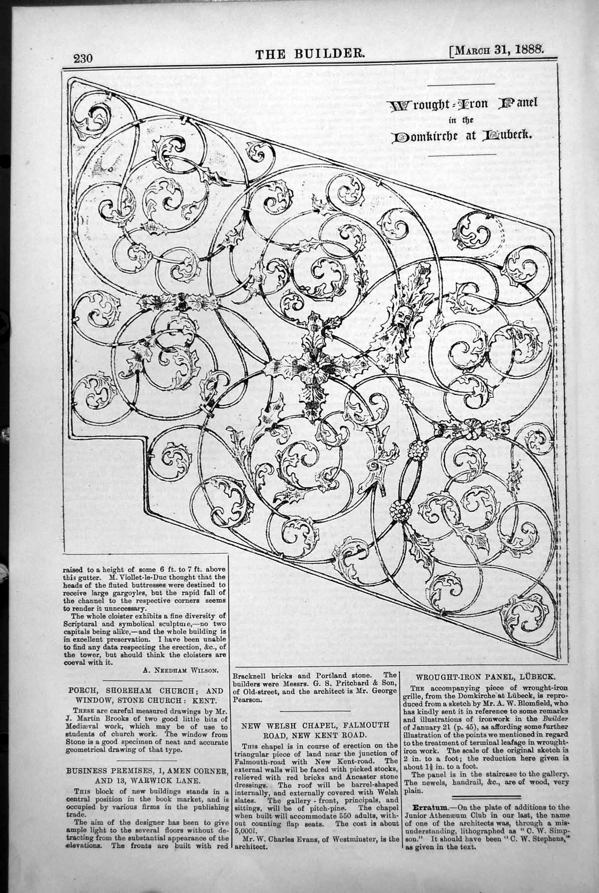 Old Antique Print Wrought Iron Grille Domkirche Lubeck A Blomfield 1888 19th