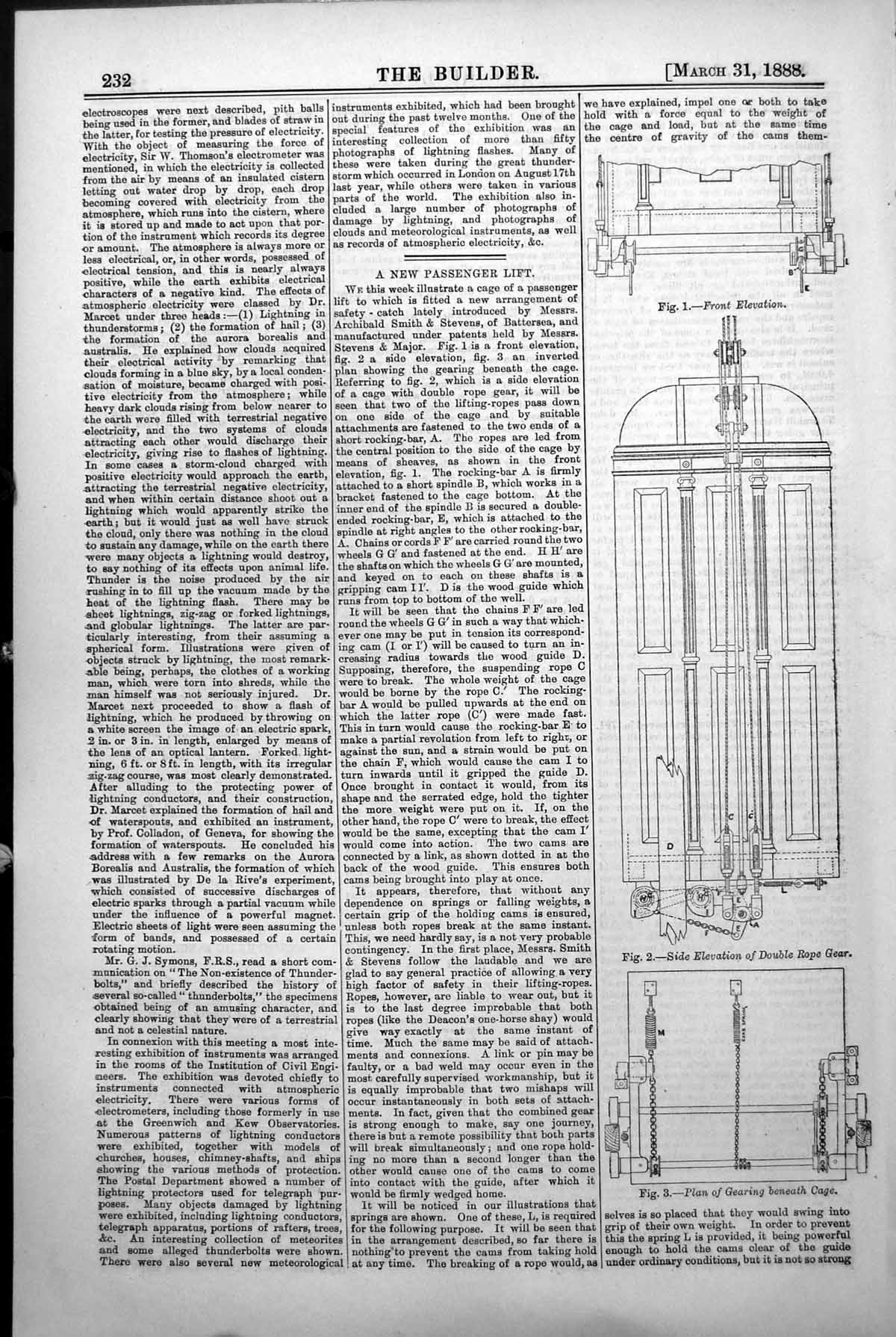 Antique Print New Passenger Lift Side Elevation Double Rope Gear Cage 1888 19th