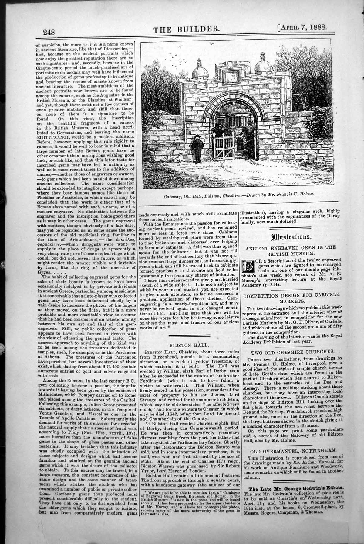 Original Old Antique Print Gateway Hall Bidston Cheshire Francis Holme 1888