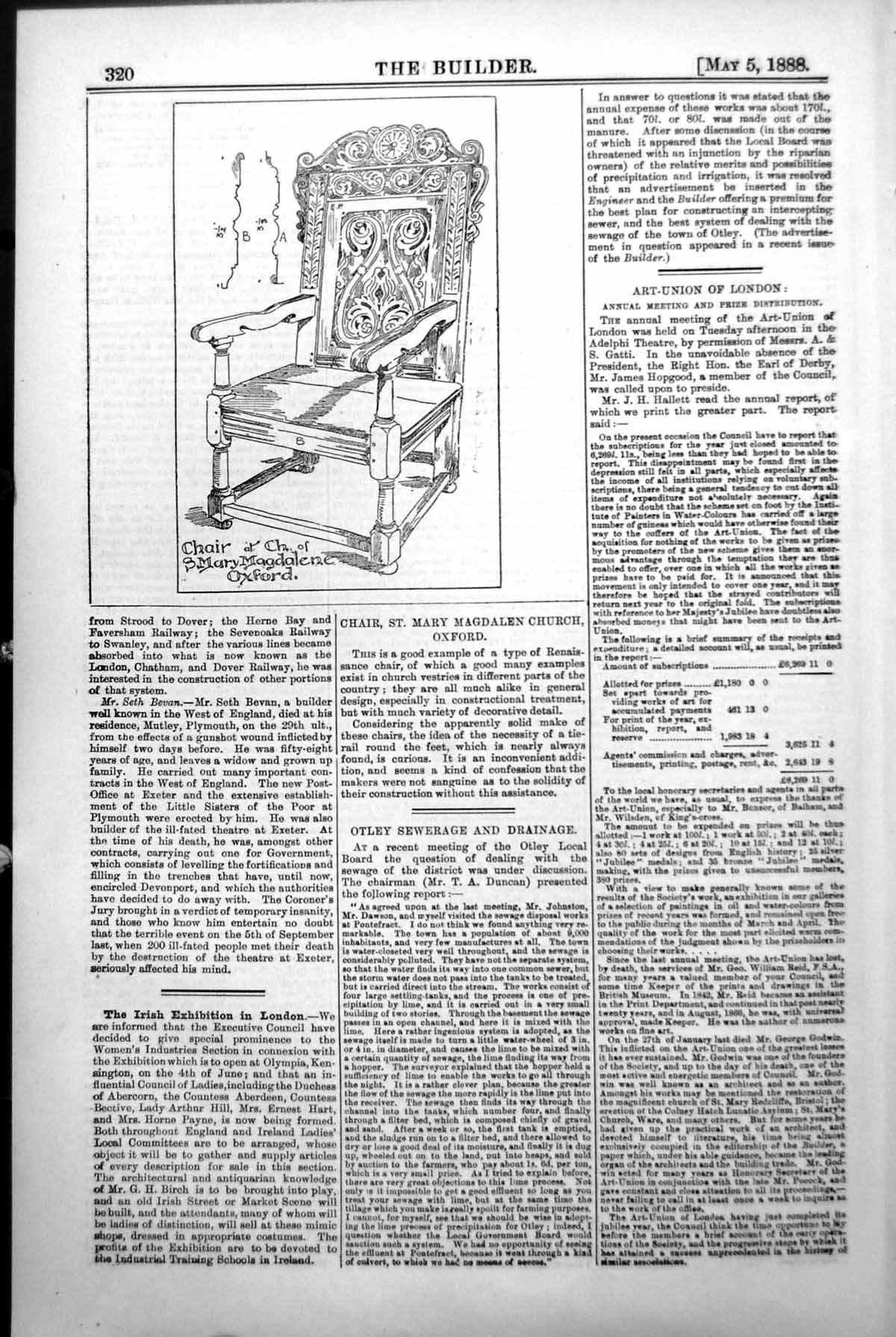 Old Print Chair St Mary Magdalen Church Oxford Renaissance Tie Rail 1888 19th