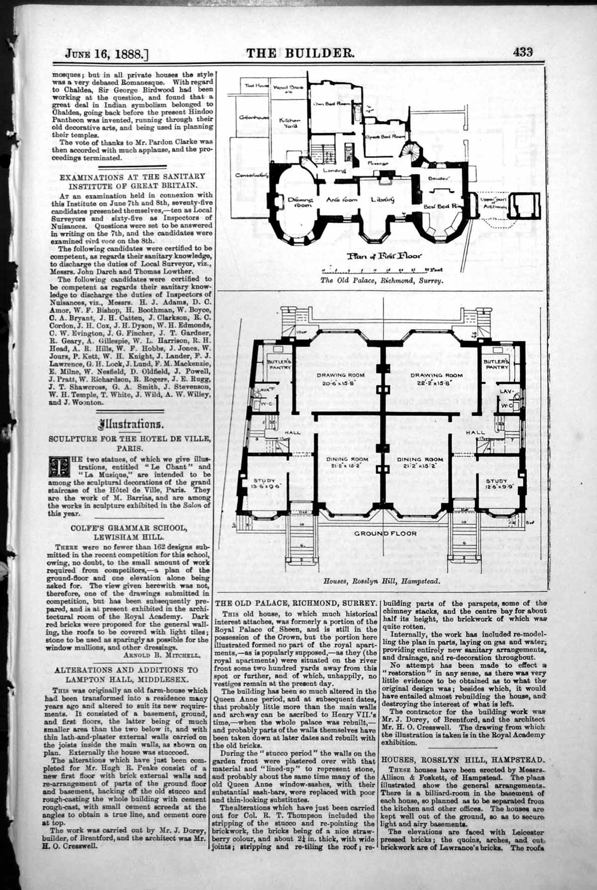 Antique Old Print Plans Palace Richmond Houses Ennismore Gardens Dover 1888
