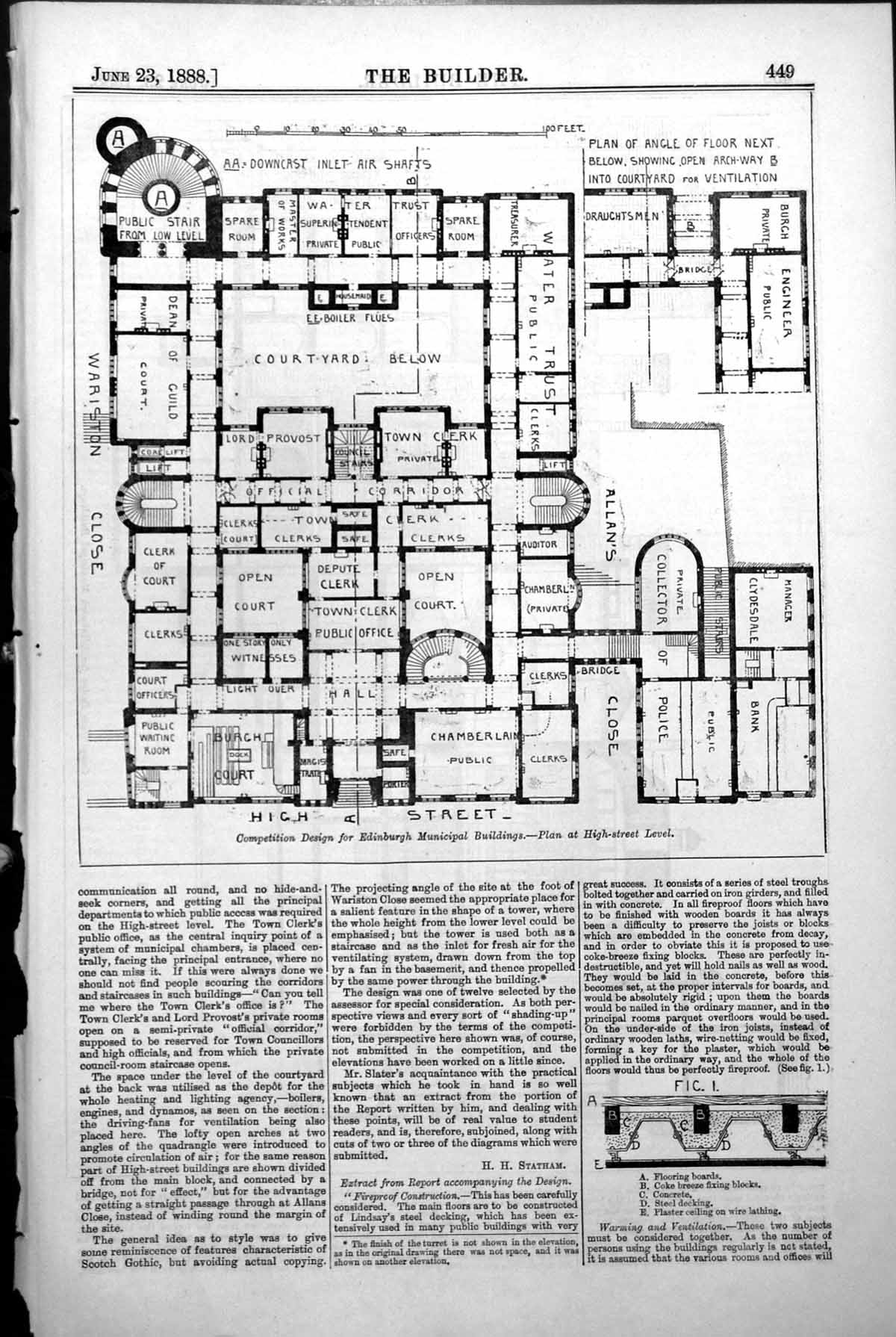 Old Print Plan Design Edinburgh Municipal Buildings High St Section 1888 19th