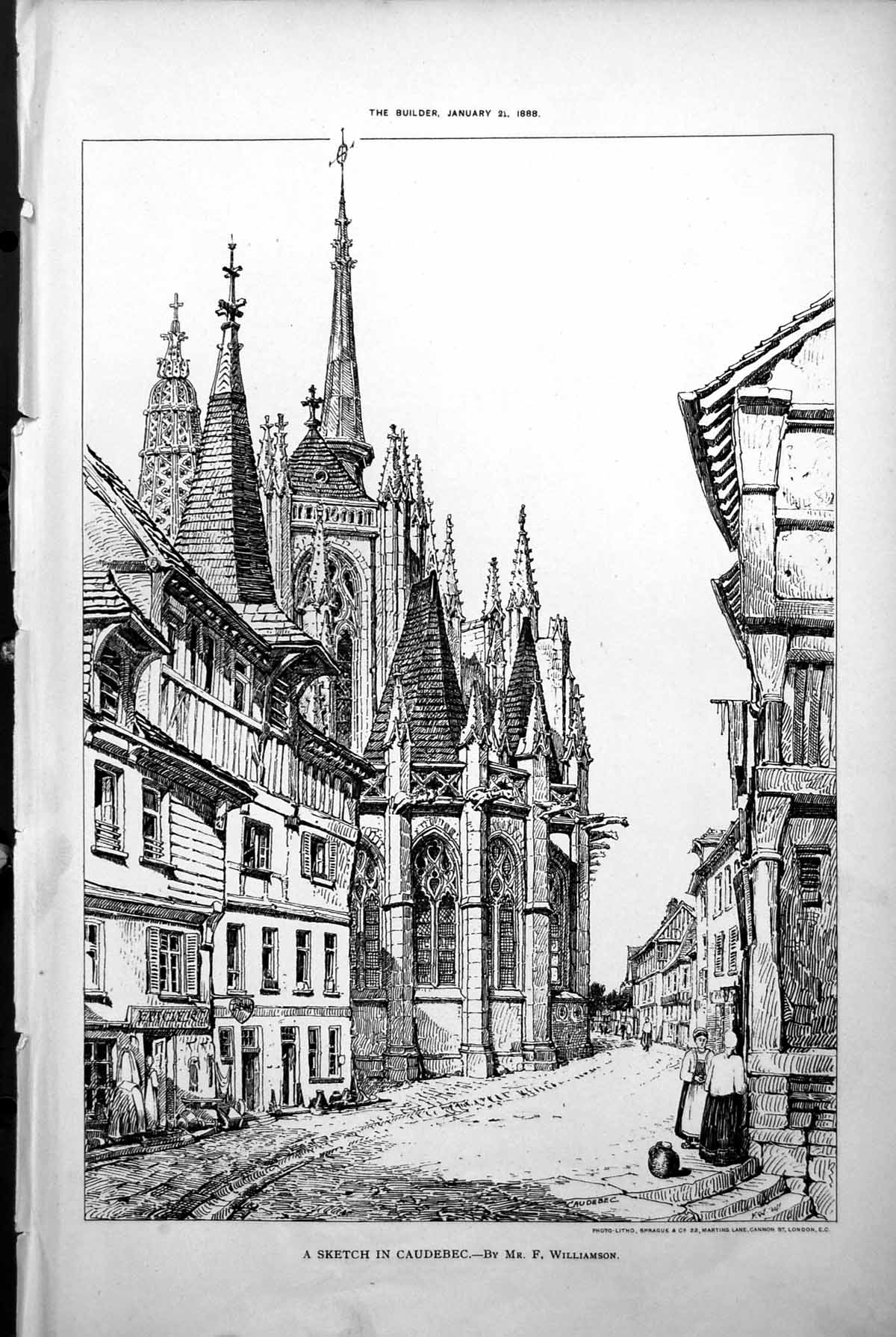 Old Sketch Caudebec Street Shops Church Townspeople F Williamson 1888 Victorian