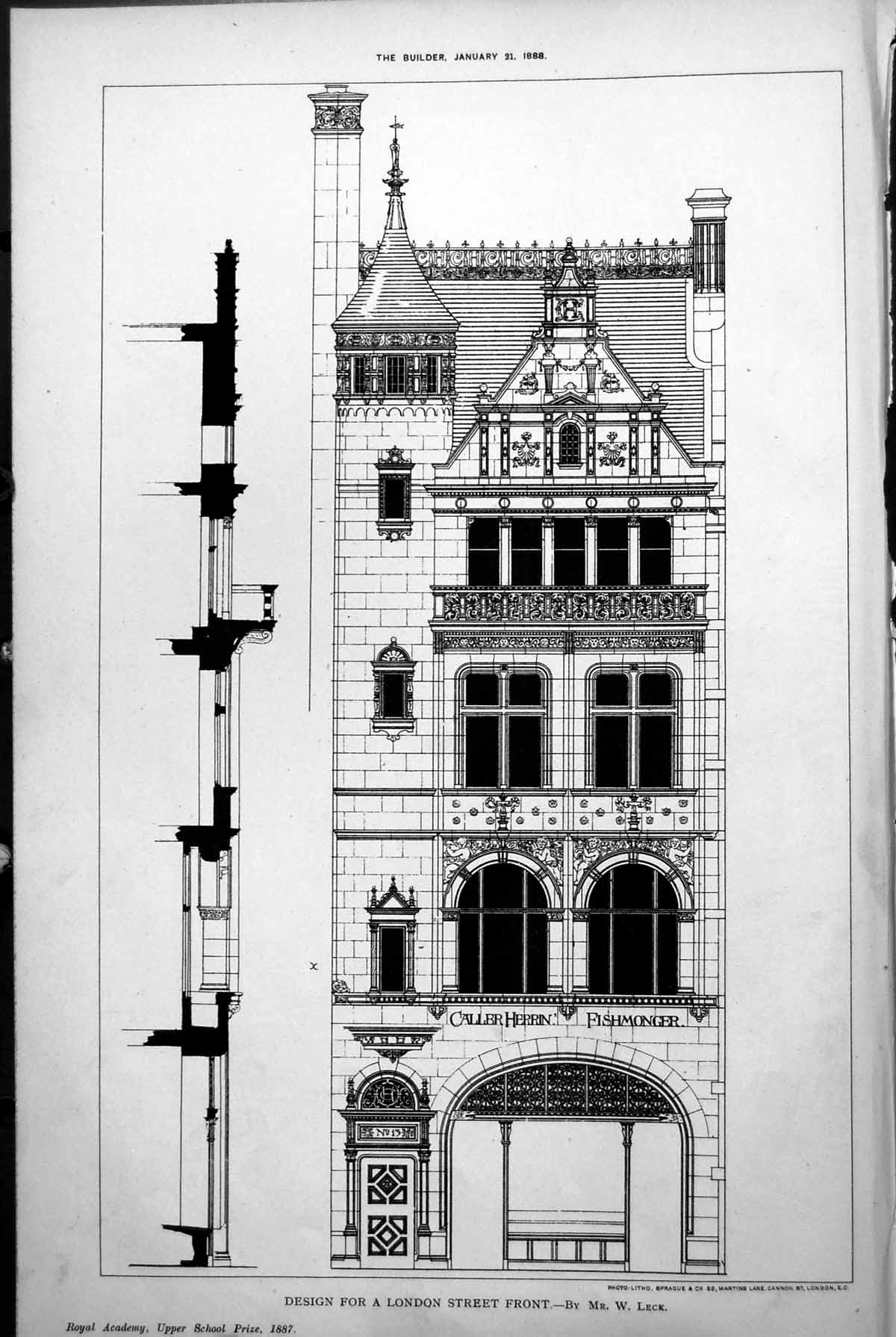 Old Plan Design London Street Front W Leck Caller Herrin Fishmonger 1888 19th
