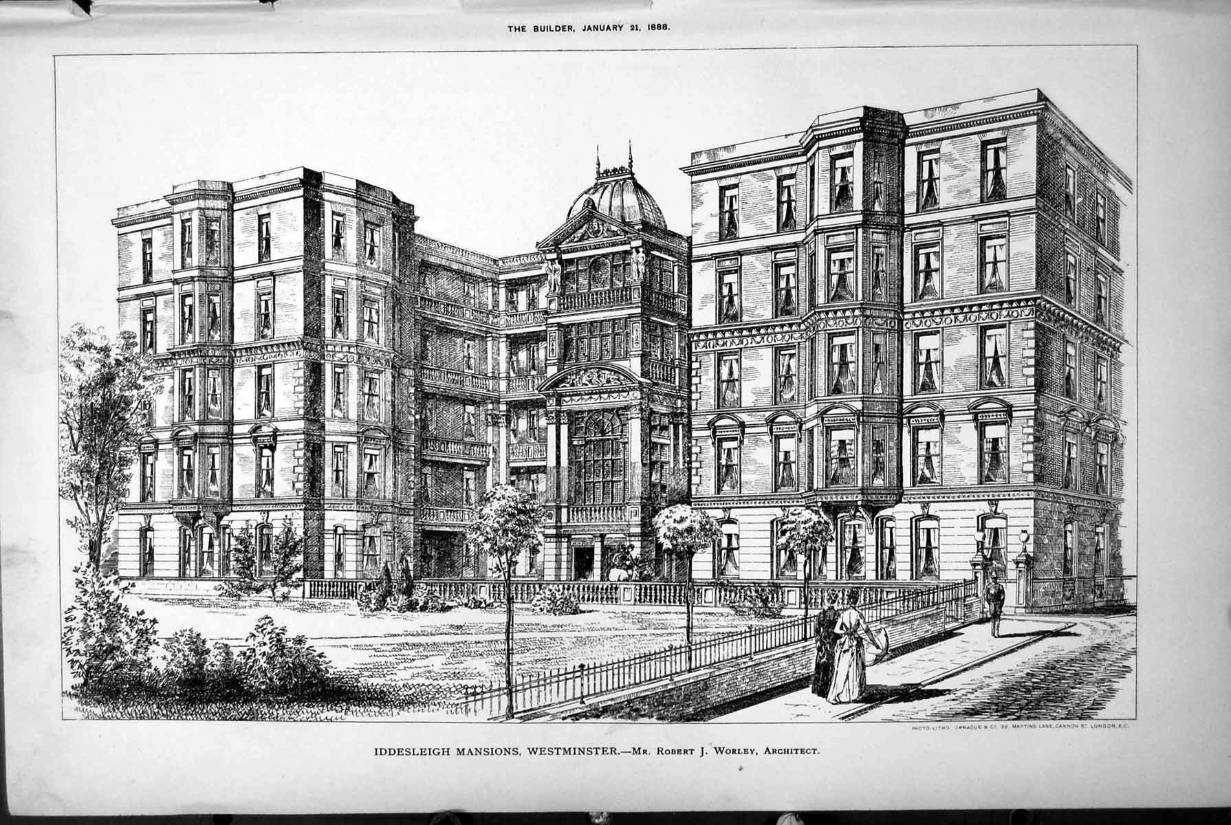 Antique Print Iddesleigh Mansions Westminster Robert Worley Architect 1888 19th