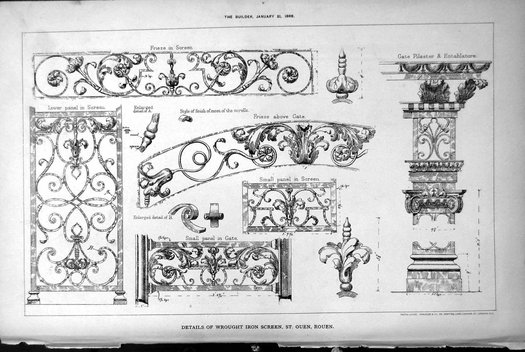 Print Wrought Iron Screen St Ouen Rouen Frieze Gate Pilaster Entablature1888