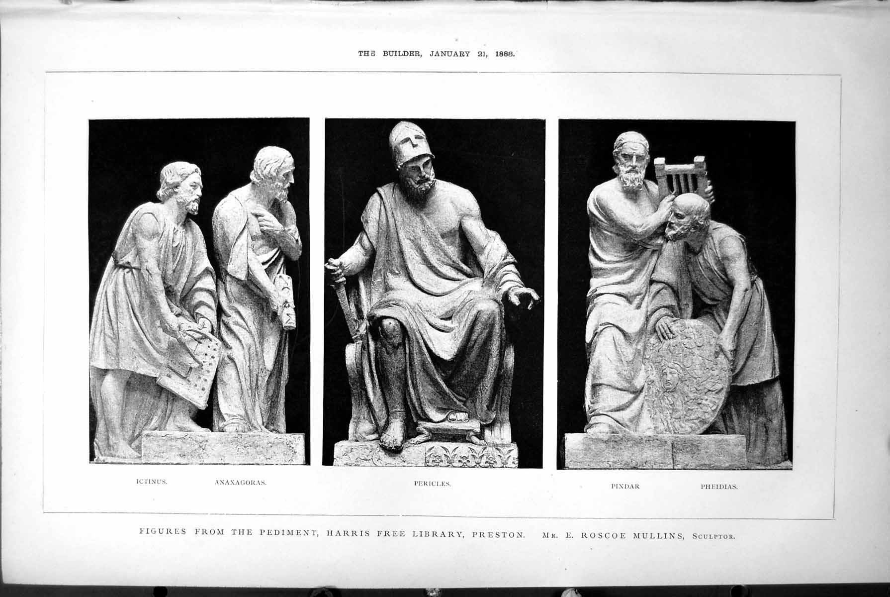 Old Print Pediment Harris Library Preston Roscoe Mullins Sculptor Pericles 1888