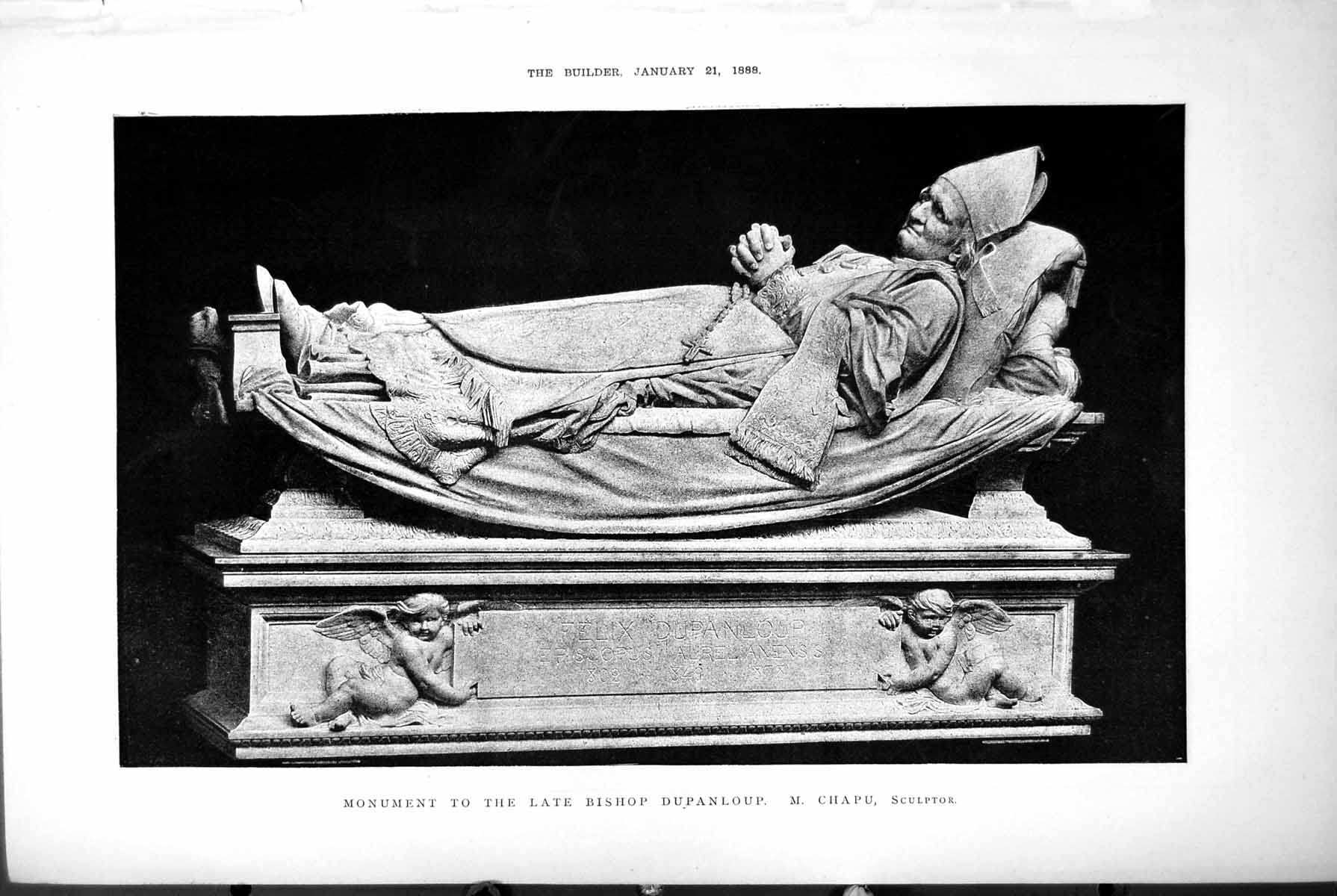 Original Old Antique Print Monument Bishop Dupanloup M Chapu Culptor 1888 19th