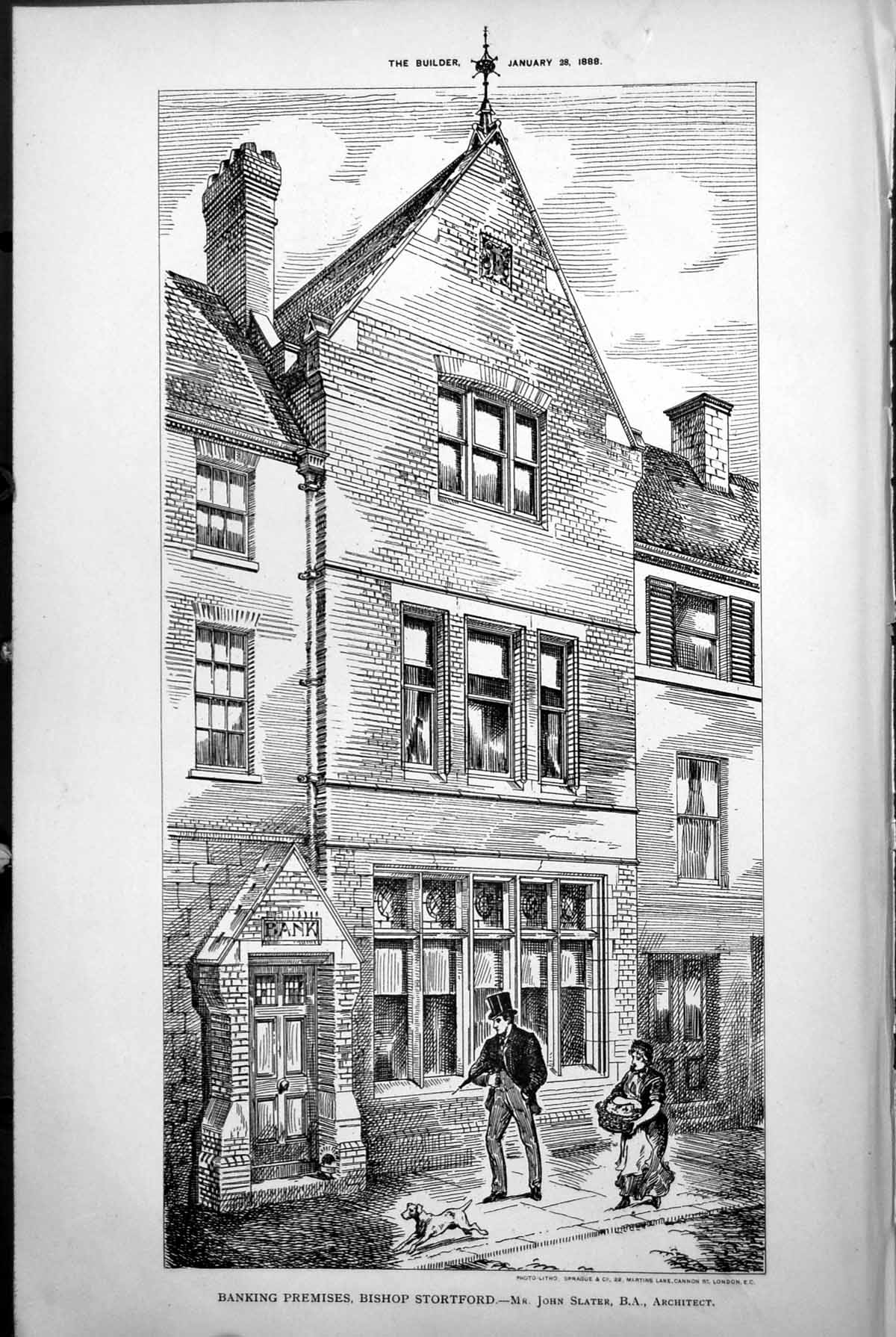 Antique Print Banking Premises Bishop Stortford John Slater Architect 1888 19th