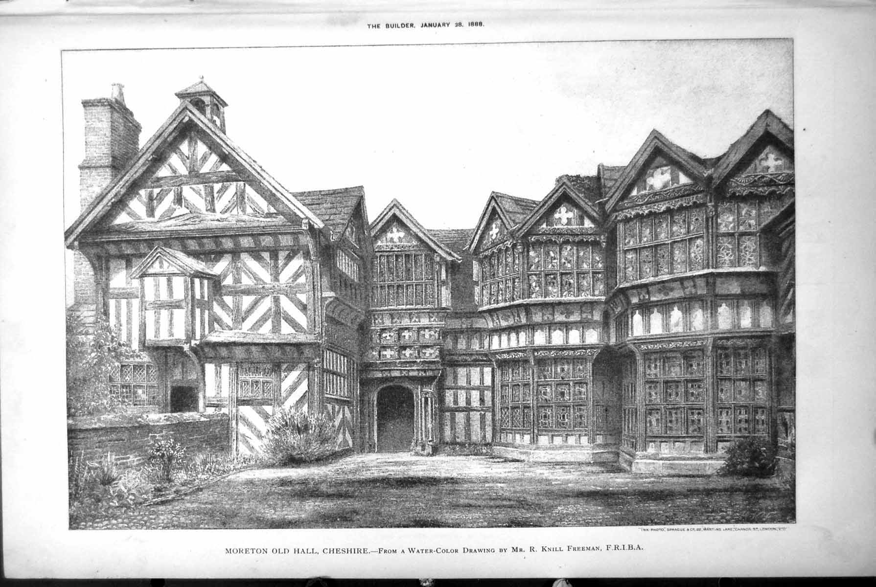 Original Old Antique Print Moreton Hall Cheshire Drawing Knill Freeman 1888