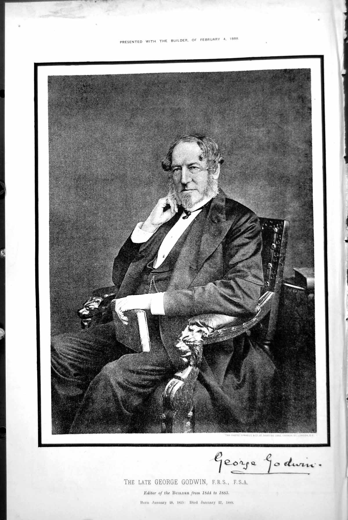 Antique Old Print George Godwin Editor Builder 1844-1883 Born 1815 Died 1888 493L154