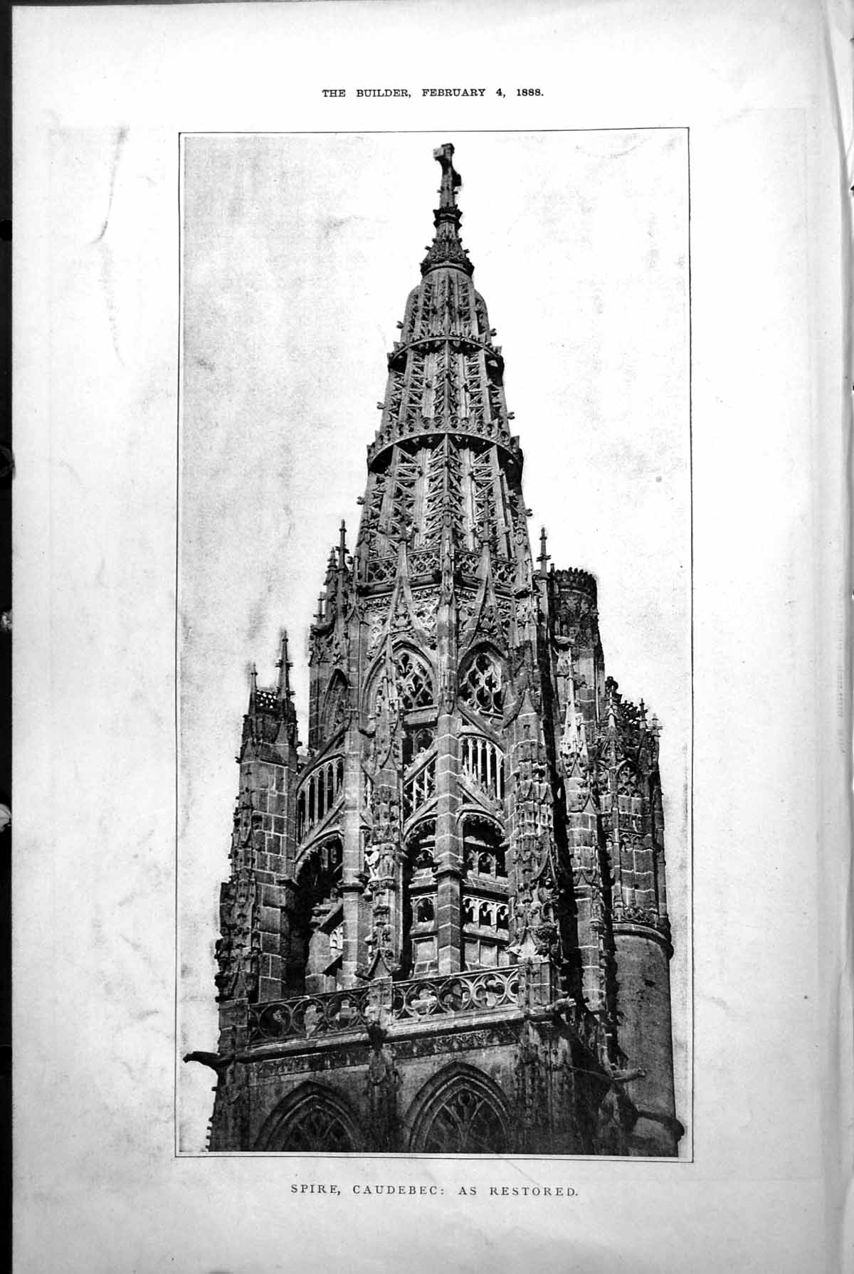 Original Old Antique Print Spire Caudebec En Caux Normandy J Turner 1888 19th