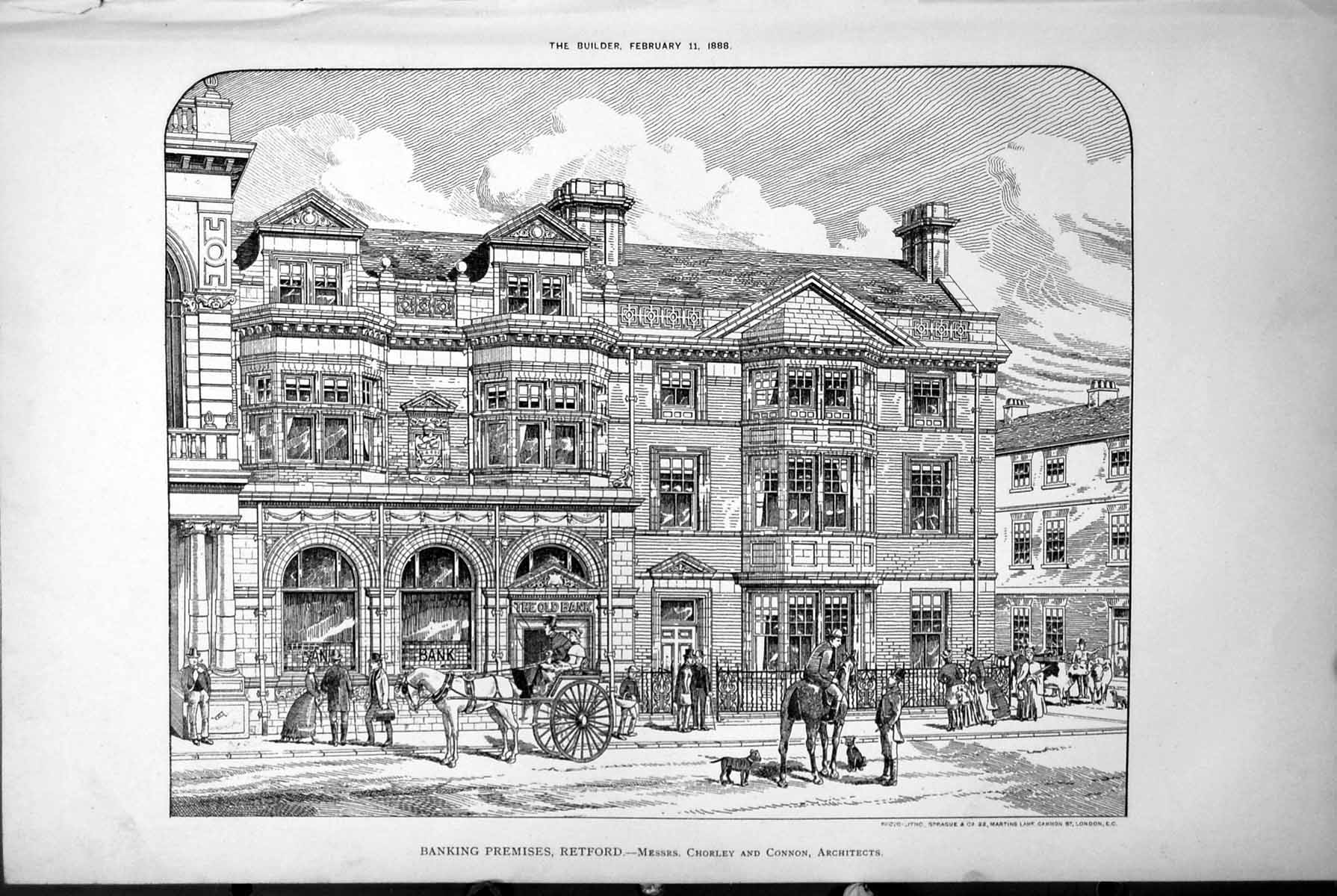 Old Print Banking Premises Retford Street View Chorley & Connon Arch 1888 19th