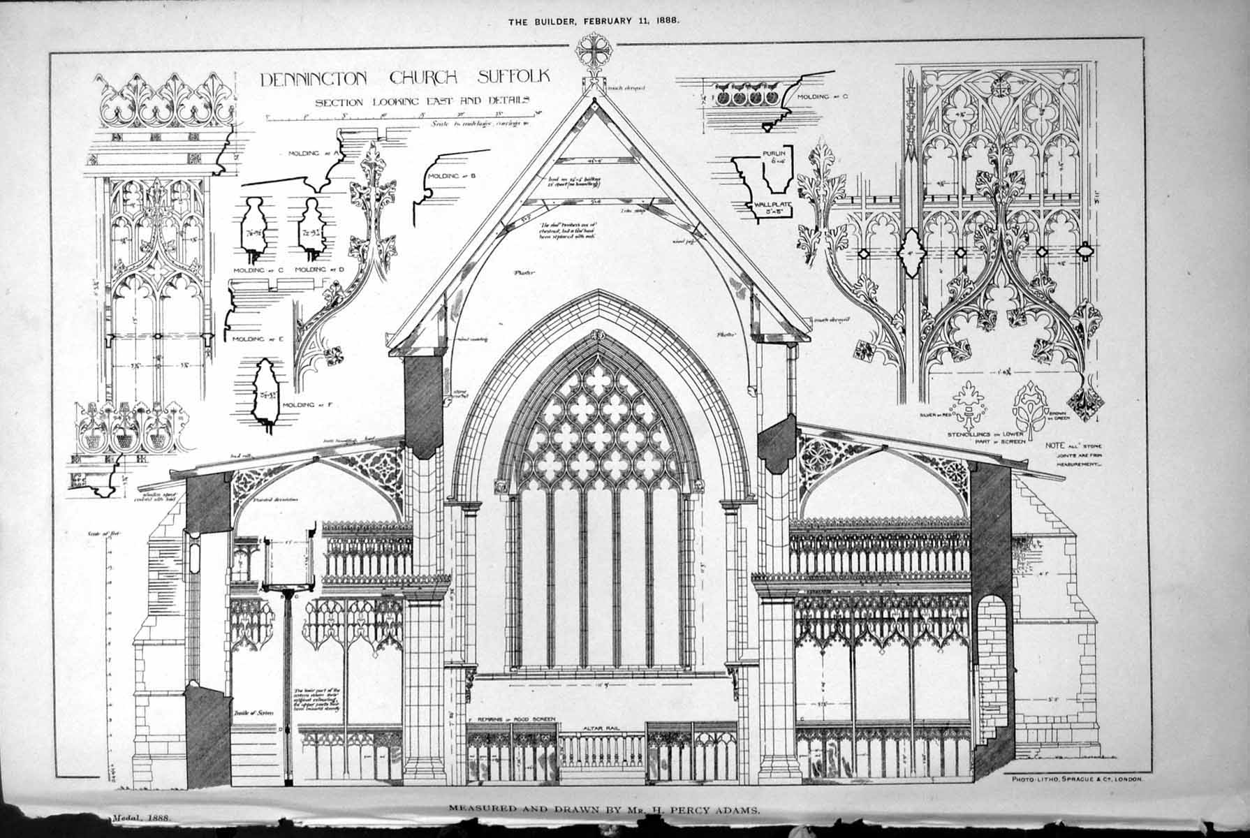 Old Print Plans Dennington Church Suffolk Percy Adams Details Mings 1888 19th